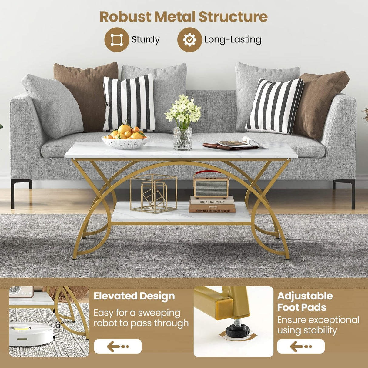 COSTWAY Marble Coffee Table, 2-Tier Modern Faux Marble Accent Table with Storage and Gold Finished Metal Frame, Chic Rectangular End Table for Living Room Office Lounge COSTWAY