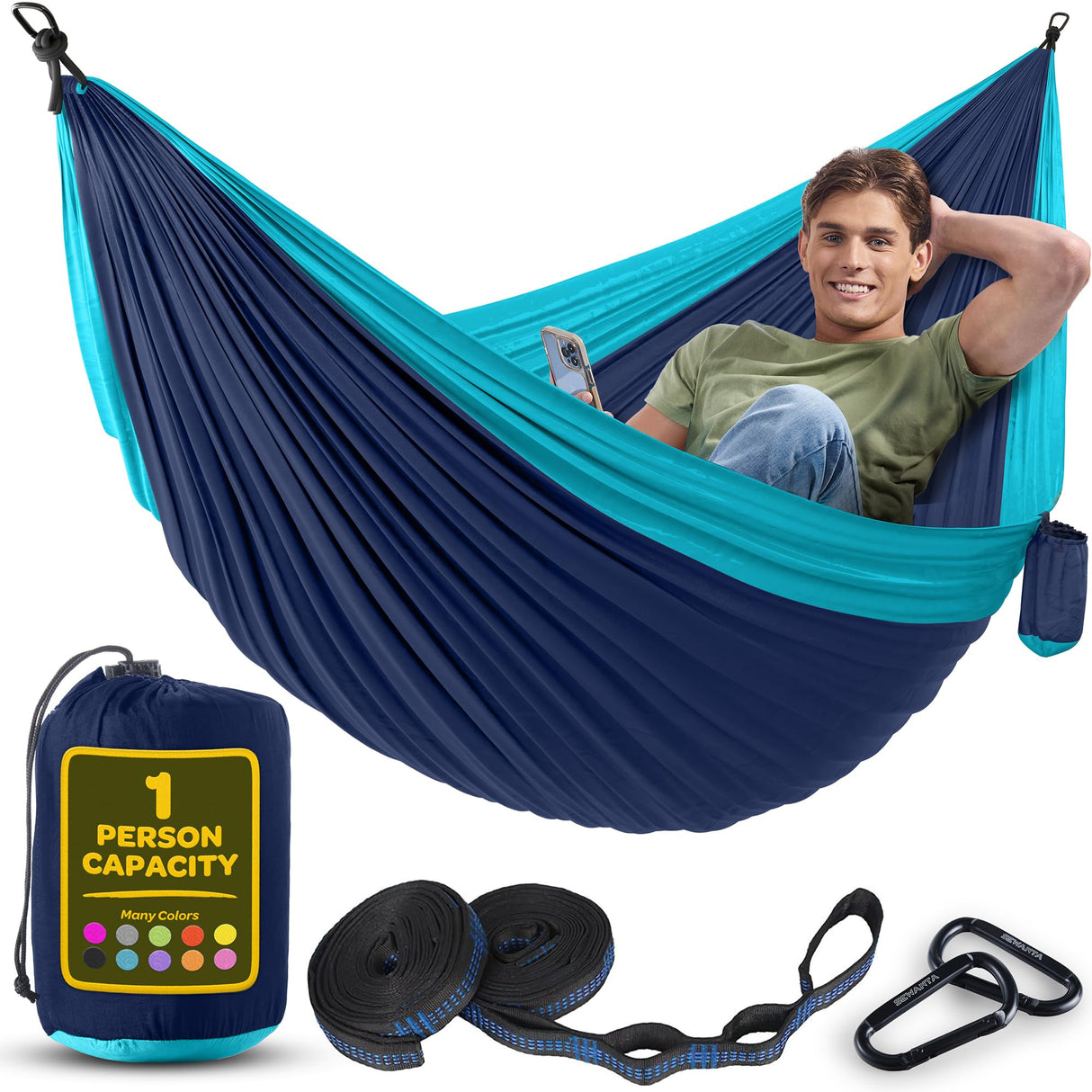 Durable Hammock 400 lb Capacity, Nylon Camping Hammock Chair - Double or Single Sizes w/Tree Straps and Attached Carry Bag - Portable for Travel/Backpacking/Beach/Backyard (Medium, Blue & Light Blue) SEWANTA
