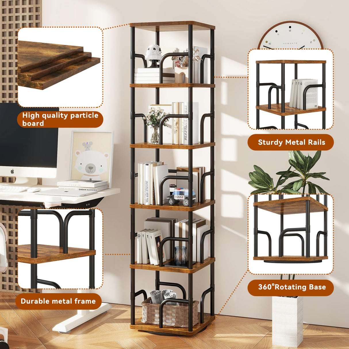 IBUYEK 6 Tier Square Rotating Bookshelf, 360° Spinning Bookcases Tower,Freestanding Corner Bookshelf with Rails,Industrial Swivel Bookcase Organizer for Bedroom, Living Room,Study,Brown,UTBC005H IBUYKE