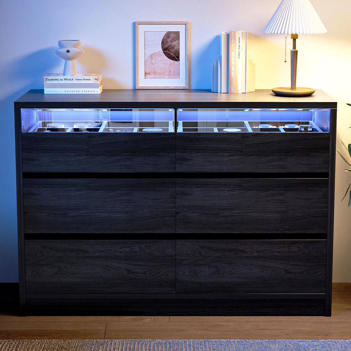 Jocoevol Modern LED 6 Drawer Dresser for Bedroom, Large Chest of Drawers with Hidden Handles, Long Double Wooden Dresser Closet for Living Room, Entryway, Hallway (Black) Jocoevol