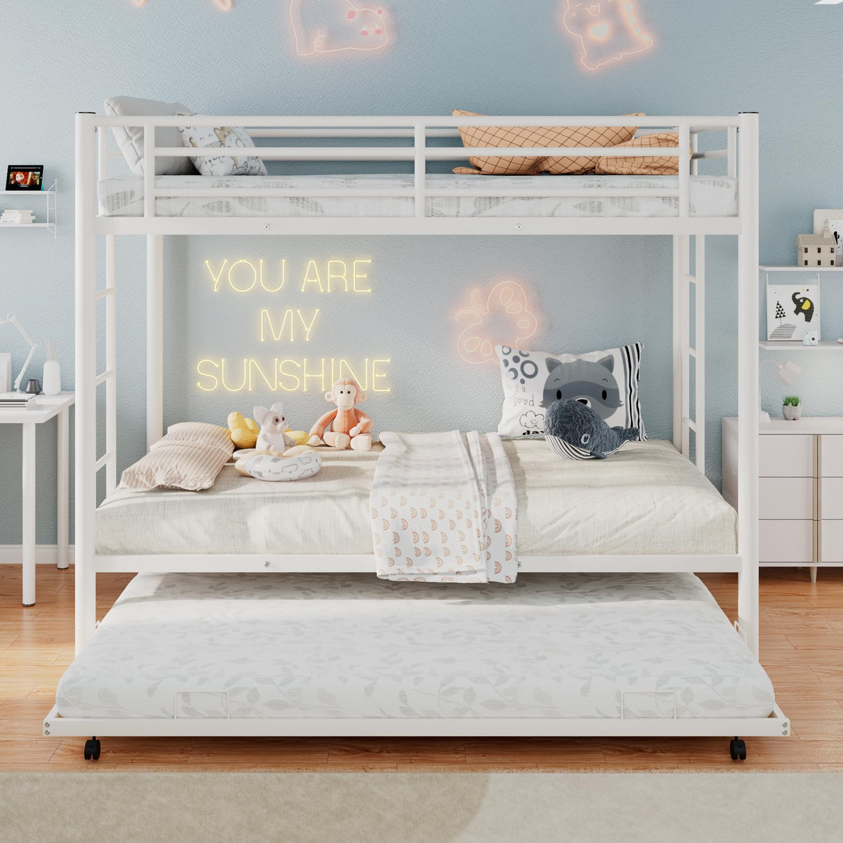 Merax Triple Bunk Bed, Twin Over Twin Bunk Beds with Trundle, Sturdy Steel Bunk Beds Frame for 3 Kids/Teens with Two Side Ladders and Safety Guard Rail,White Color Merax