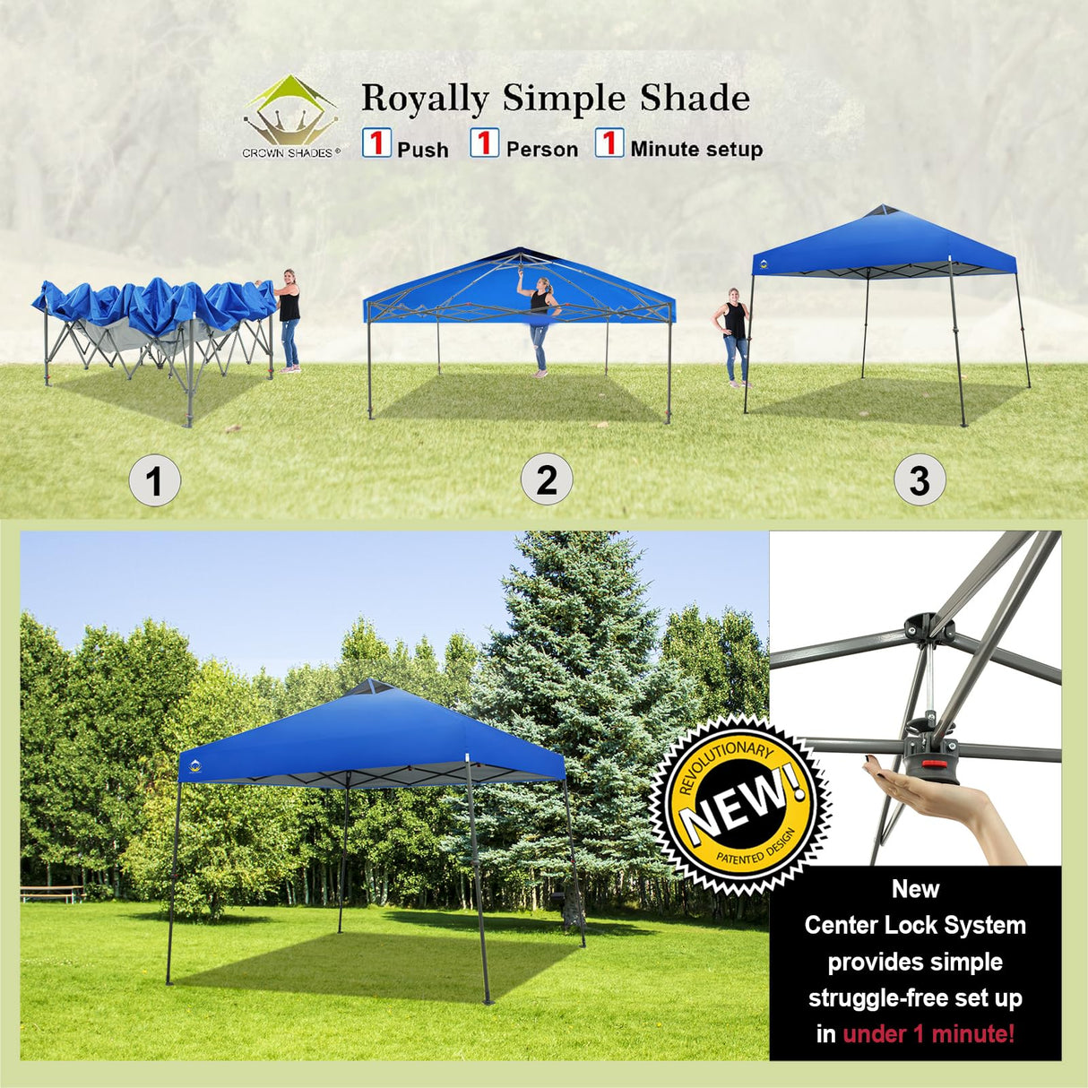 CROWN SHADES 9x9 Pop Up Canopy - Beach Tent with One Push Setup - Easy Outdoor Sun Shade for Events, Parties, Camping - Gazebo with STO-N-Go Cover Bag, Silver Coated Top, Blue CROWN SHADES