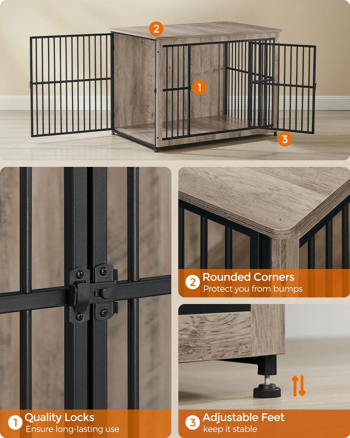 Feandrea Dog Crate Furniture, 43.3" Side End Table, Modern Kennel for Dogs Indoor up to 80 lb, Heavy-Duty Dog Cage with Enclosed Base, Double-Door Dog House, Heather Greige UPFC024G01 Feandrea