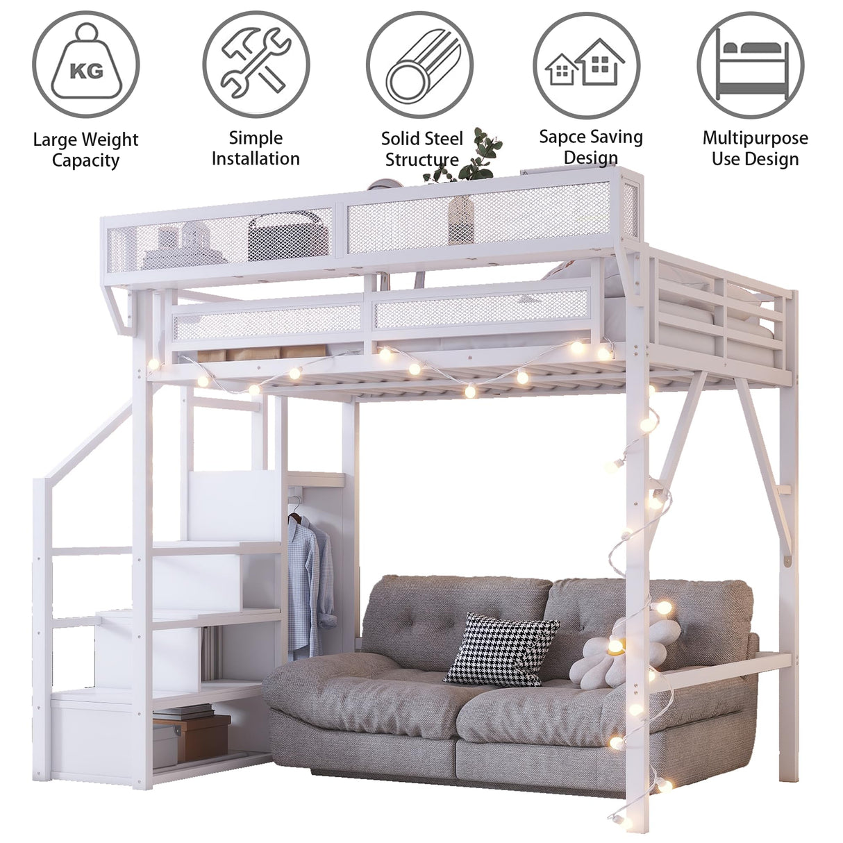 MoproBeti Full Loft Bed with Stairs, Metal Loft Beds Full Size with Storage Shelves, Adults Loft Bed with Wardrobe, Heavy Duty High Loft Bed for Teens, No Box Spring Needed, No Noise,White MoproBeti
