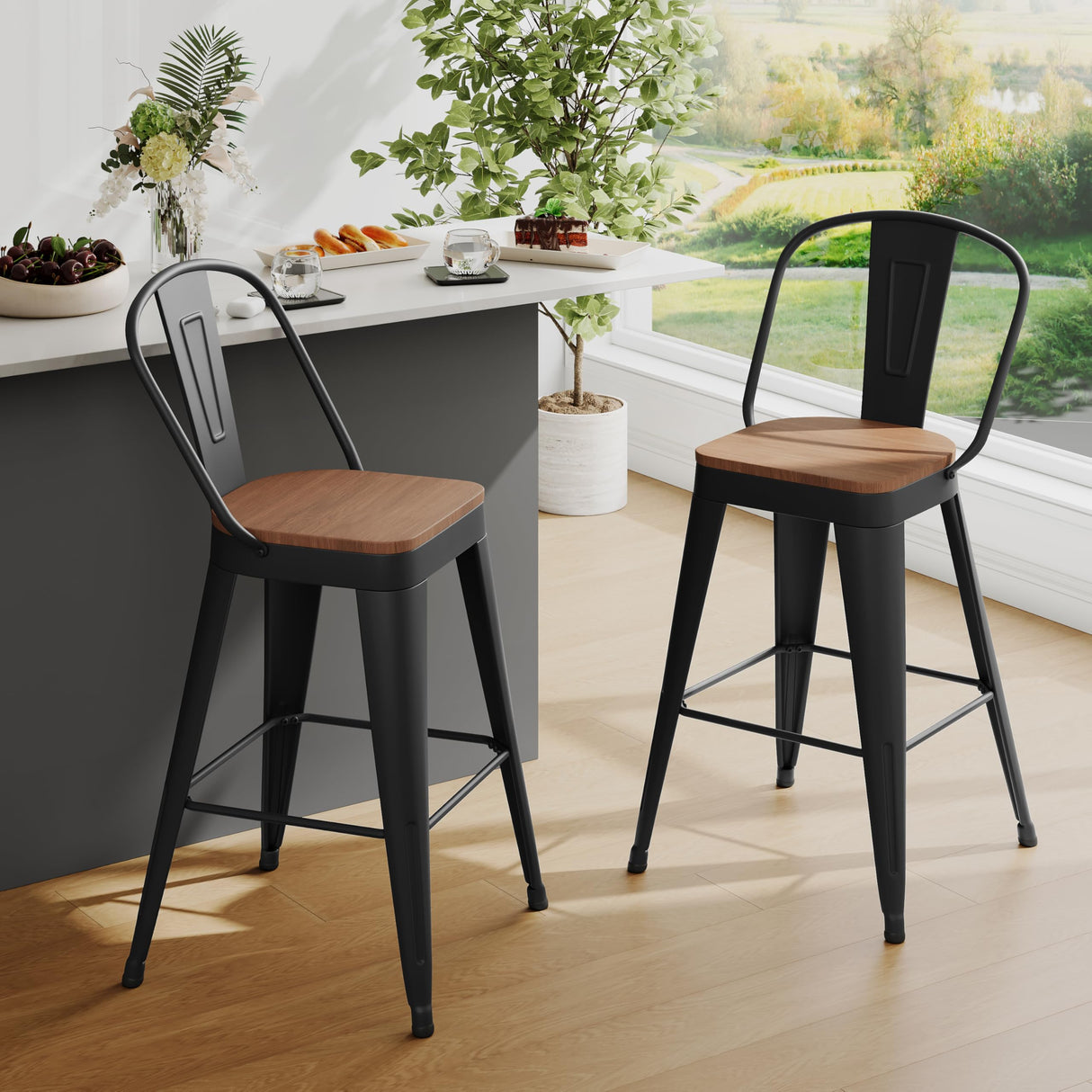 Andeworld Metal Bar Stools Set of 2, 24 inch Counter Height Barstools with Backs Farmhouse Modern High Back Bar Stools with Larger Seat Kitchen Dining Bar Chairs,Matte Black Andeworld