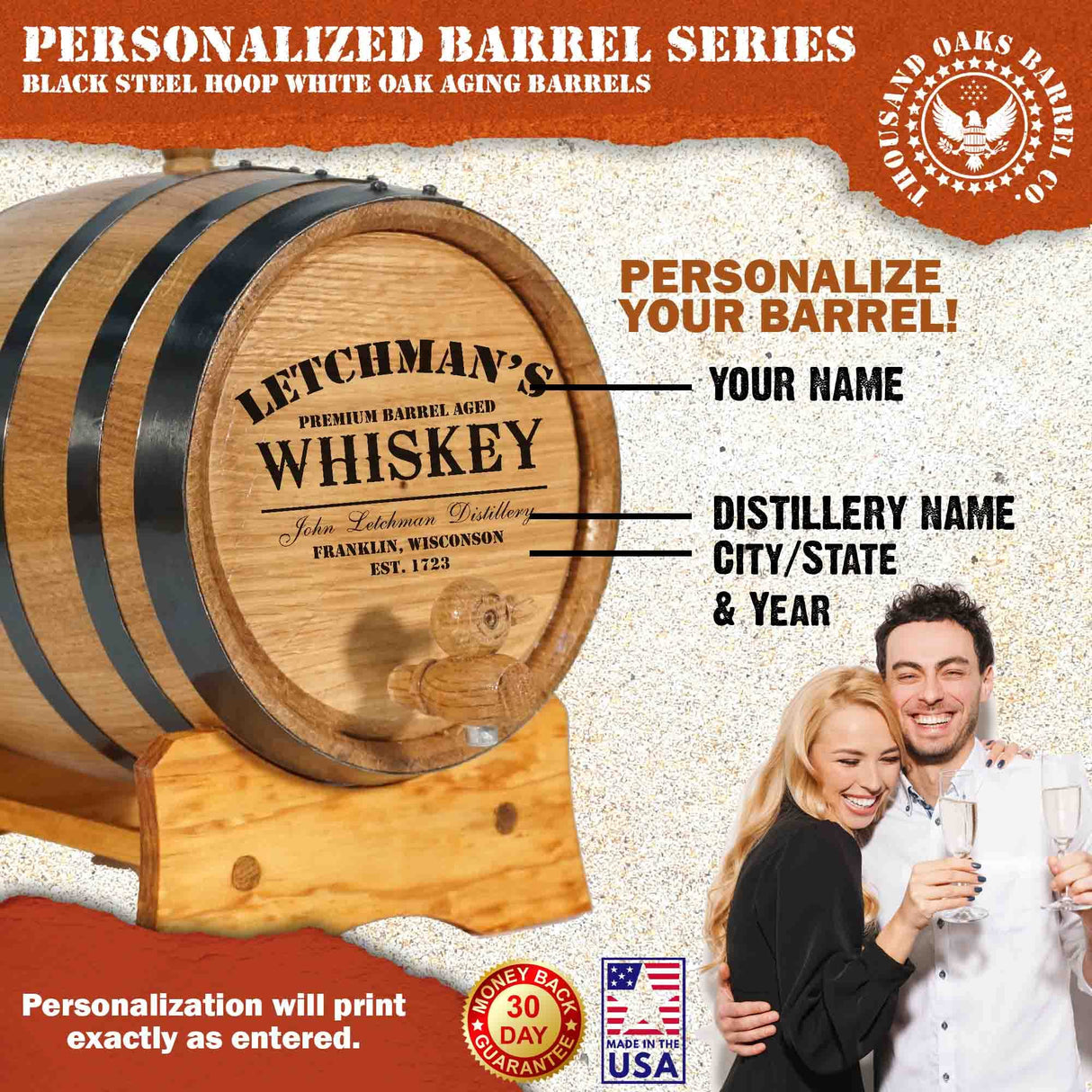 Thousand Oaks Barrel Co. Personalized 1 Liter Oak Aging Barrel Dispenser with Wood Stand, Bung & Spigot - Age Cocktails, Bourbon, Whisky, Rum, Tequila, Mead Wine - 1L Mini Whiskey Aging Barrels (P5) THOUSAND OAKS BARREL