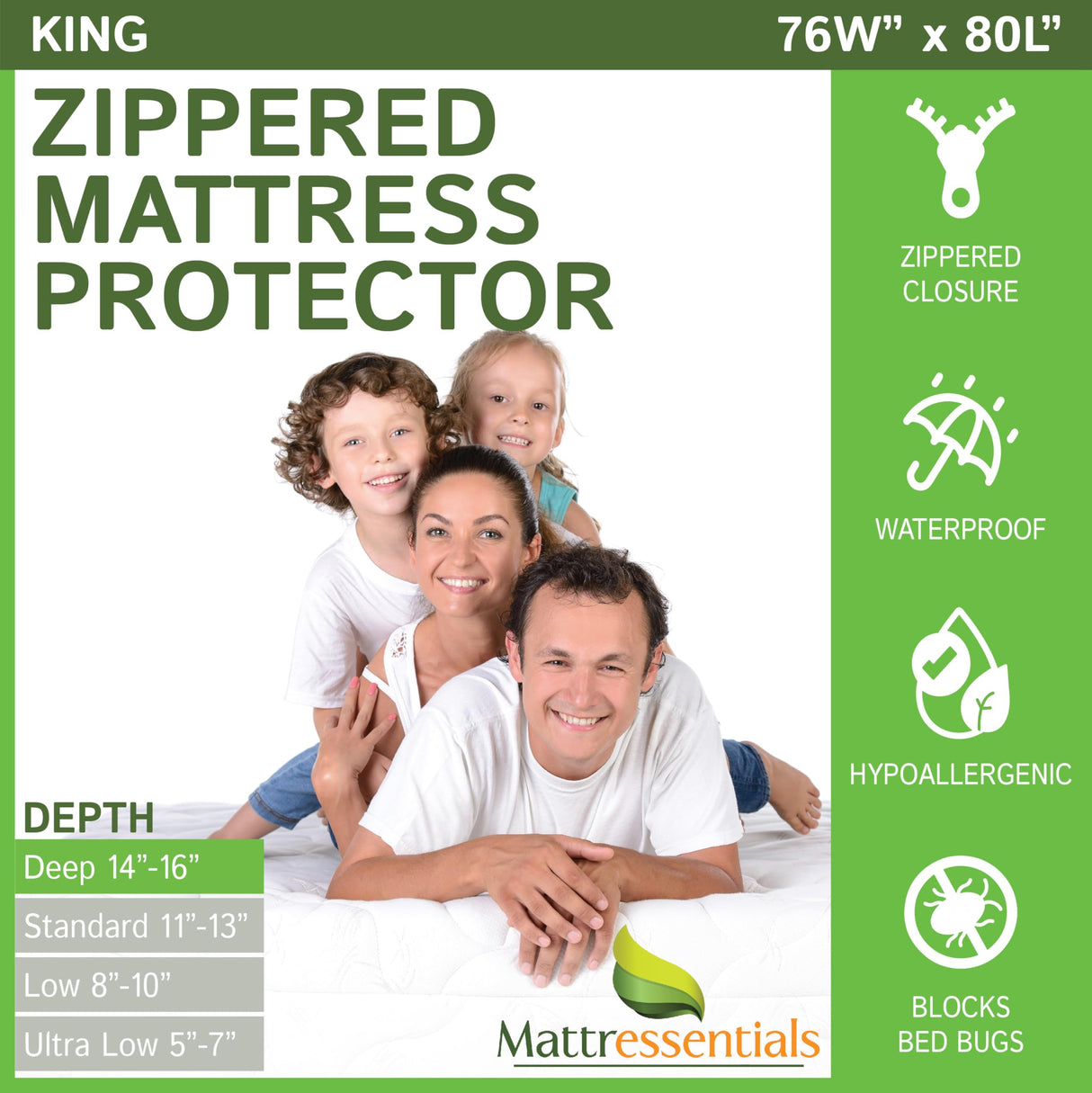 Zippered King Mattress Protector (14"-16" Depth) - Bed Bug Waterproof Mattress Cover, Premium Quality Hypoallergenic Encasement White Mattressentials