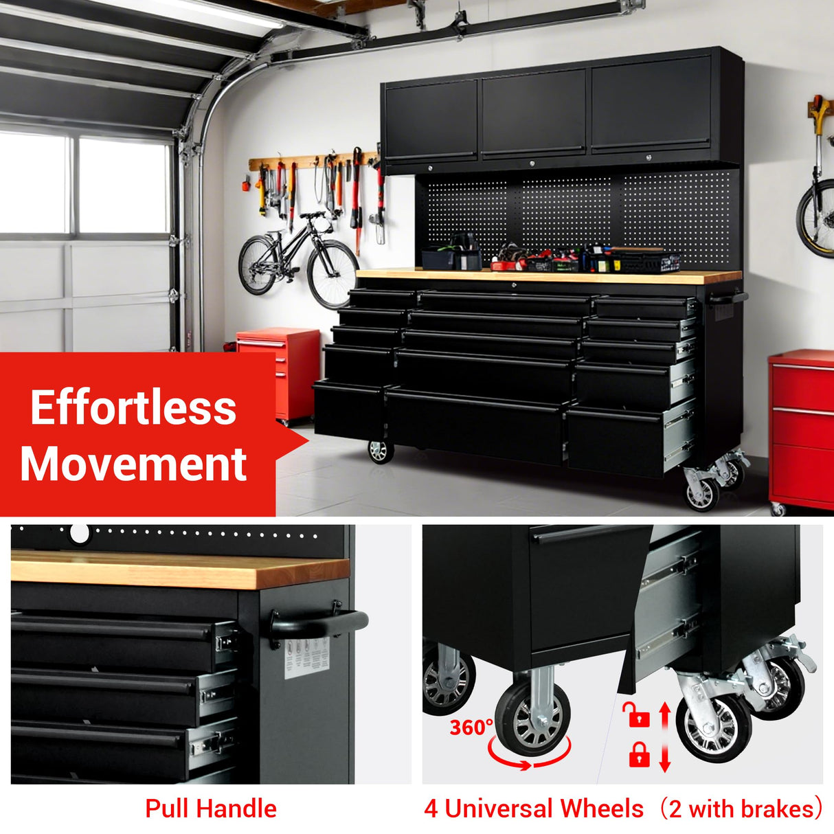 CT Copper Tailor 72-inch Rolling Tool Chest with Integrated Power Strip,15 Drawers and Wheels, Garage Workbench with Storage, 3 Upper Cabinets, Pegboard in Matte Black CT Copper Tailor