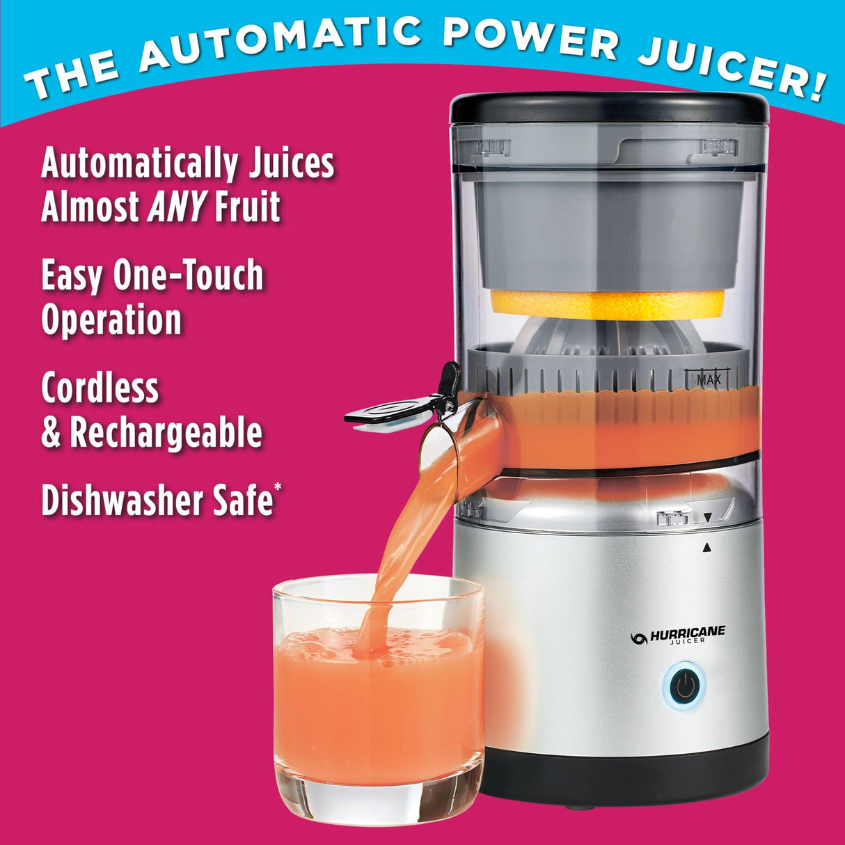 Hurricane Juicer, Powerful Cordless Juice Extractor Machine, Compact Design Fruit Juicer with Dishwasher-Safe Parts, Rechargeable 500 RPM Electric Juicer for Oranges, Berries & More Ontel
