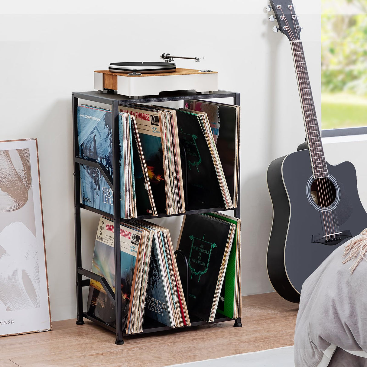 LOAKEKEL Record Player Stand, Vinyl Record Storage Up to 200 Albums, 3 Tier End Table with Removable Dividers, Tall Side Table for Living Room, Bedroom, Black, HETCD010BK1 LOAKEKEL