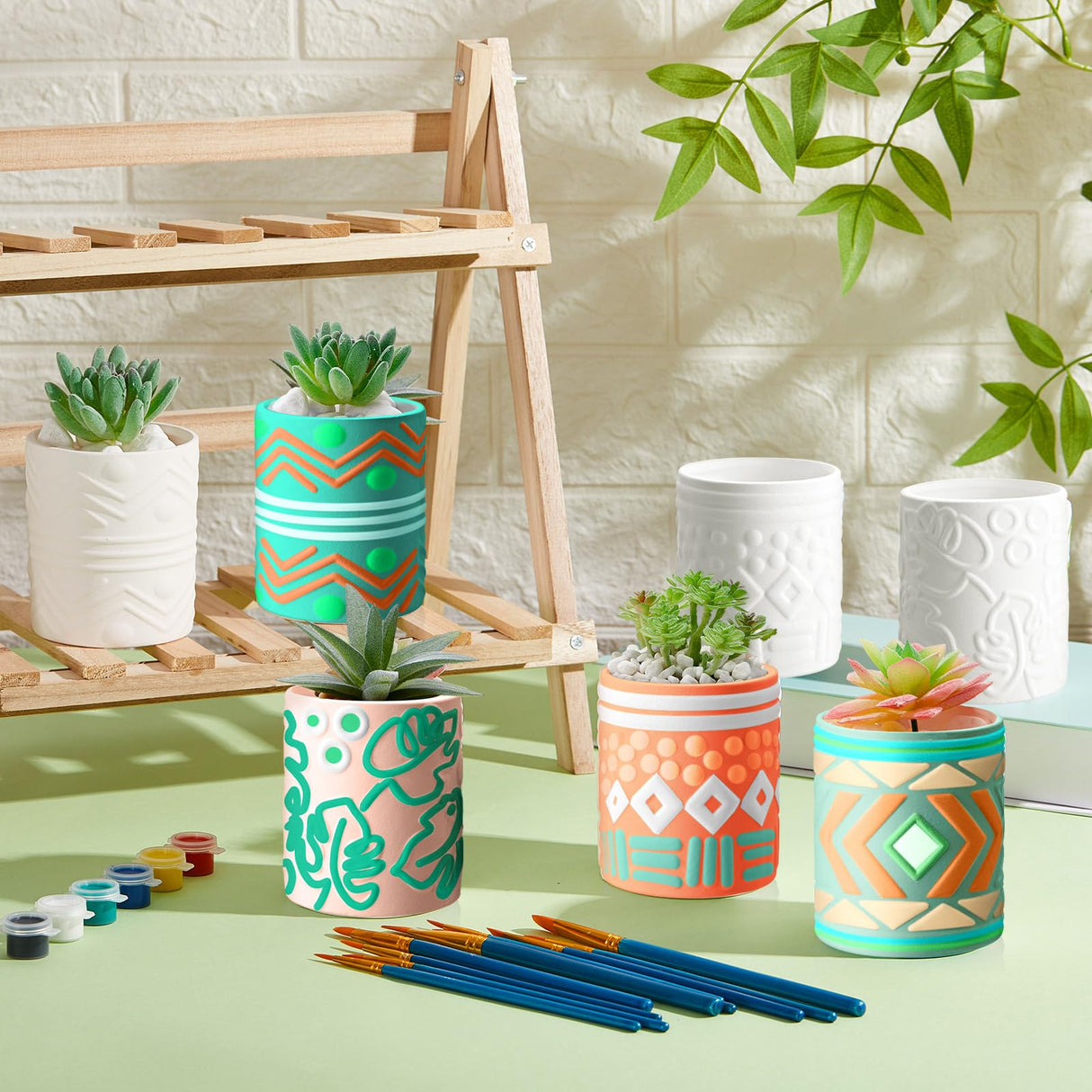 SiliFine Set of 11 Paint Your Own Kit DIY Flower Pot Painting Includes 8 Pcs Unpainted Ceramic Succulent Planters 2 Pcs Color Paints 1 Set Paint Brushes for Classroom Craft Activity (Bohemian) SiliFine