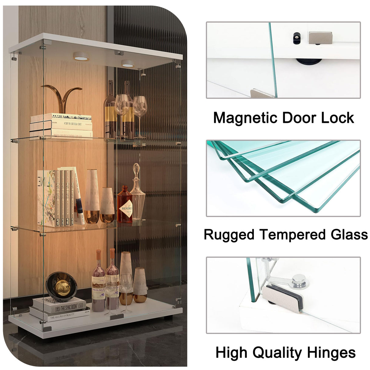 TRJQBCC 49" H 2 Doors Tempered Glass Display Cabinet with LED Light, 3-Shelf Wooden Curio Storage Cabinet with Adujust Floor Feet, Freestanding Lockable Display Storage Case Bookshelf for Home(White) TRJQBCC