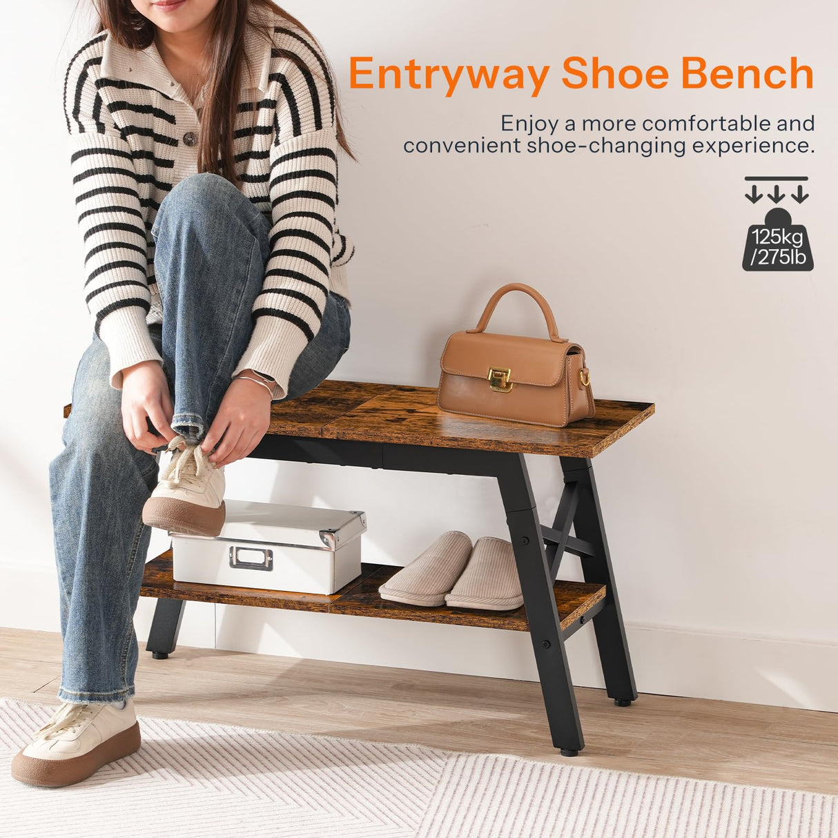 HOOBRO 2-Tier Shoe Bench with Storage, 31.5" L Shoe Rack Organizer, Industrial Entryway Bench with Seat, Easy Assembly, for Entrance, Hallway, Mudroom, Indoor, Rustic Brown and Black BF86HX01G1 HOOBRO