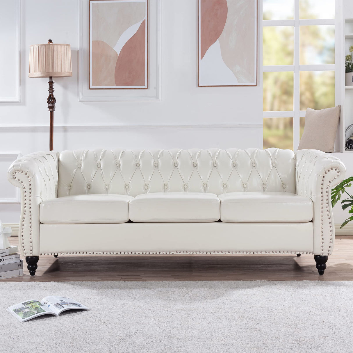 Ball & Cast 84" Chesterfield Leather Sofa with Channel Tufted Seat Back,Classic 3 Seater Couch w/Roll Arm Nailhead Trim and Upholstered,Mid Century Furniture for Living Room,Bedroom,Office,White PU Ball & Cast