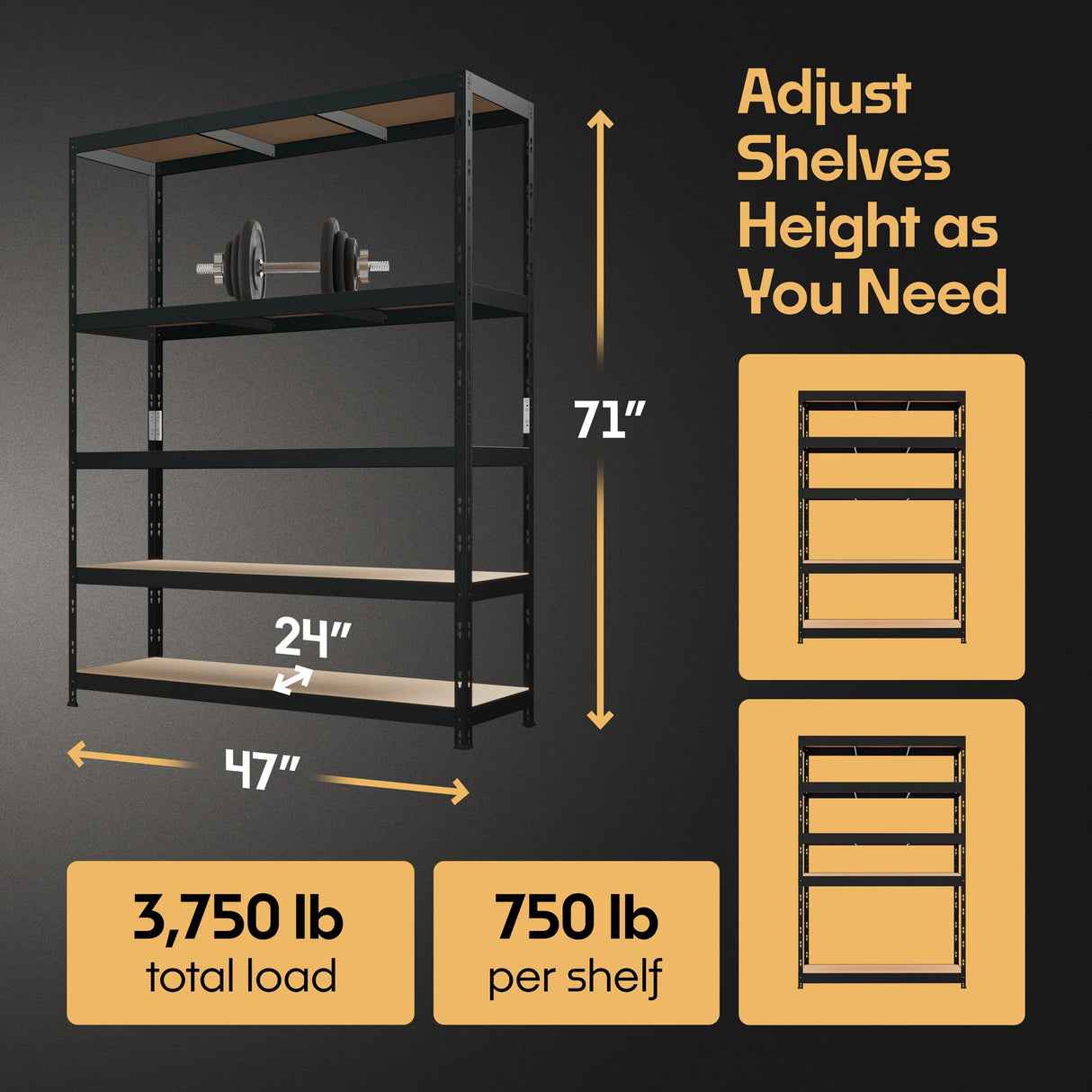 Storage Shelves: 5 Storage Shelves Heavy Duty w/ 3,750 lb Total Load Capacity, 750 per Storage Shelf, 71x47x24 | Perfect Solution for Your Storage Needs, Adjustable Shelving Unit Metalkas