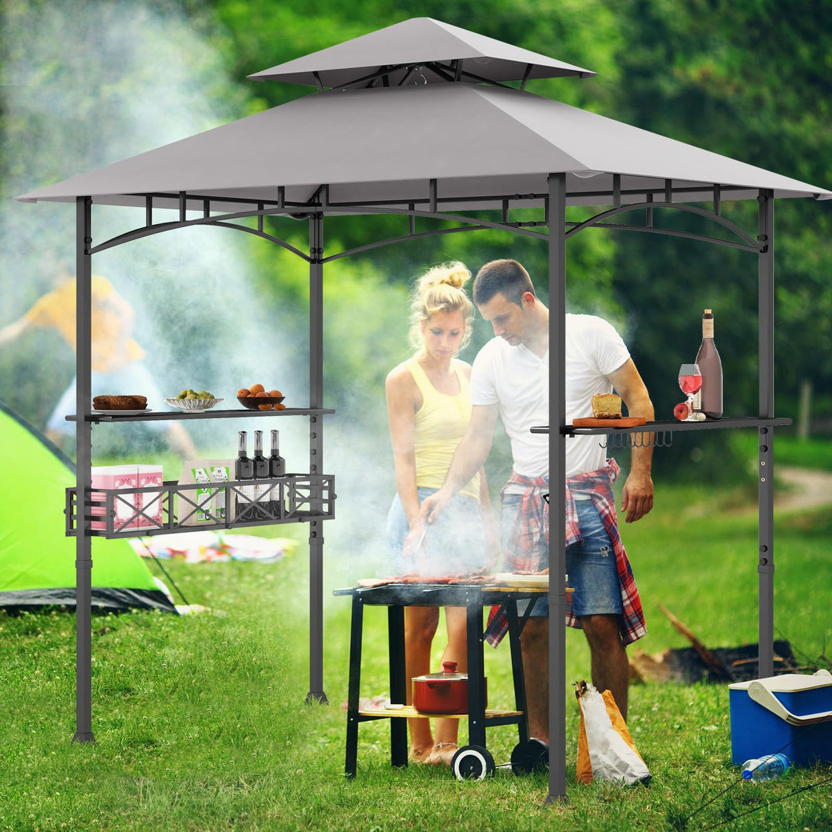 Tangkula 8x5 Ft Grill Gazebo, 2-Tier Barbecue Gazebo with 2 Shelves, 20 Hanging Hooks, Bottle Opener & Storage Basket, Outdoor Grill Canopy for Backyard Garden Poolside (Grey) Tangkula