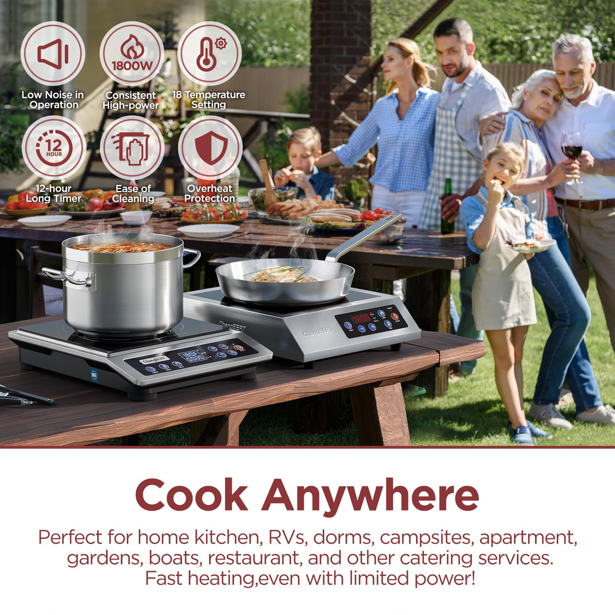 ChangBERT Portable Induction Cooktop, NSF Certified Pro Induction Hot Plate, Powerful 1800W with Large 8" Heating Coil, 18/10 Commercial Grade Stainless Steel, 18 Temp Settings Countertop Burner CHANGBERT