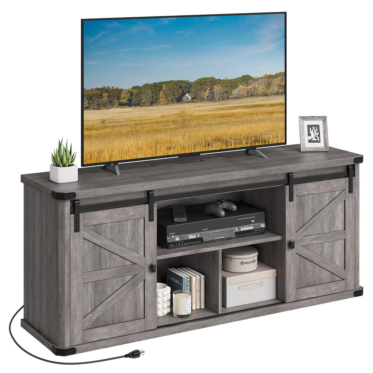 VASAGLE TV Stand for TVs up to 65 Inches, Farmhouse Entertainment Center with Sliding Barn Doors, TV Console Table for Living Room, Misty Gray ULTV324G68 VASAGLE