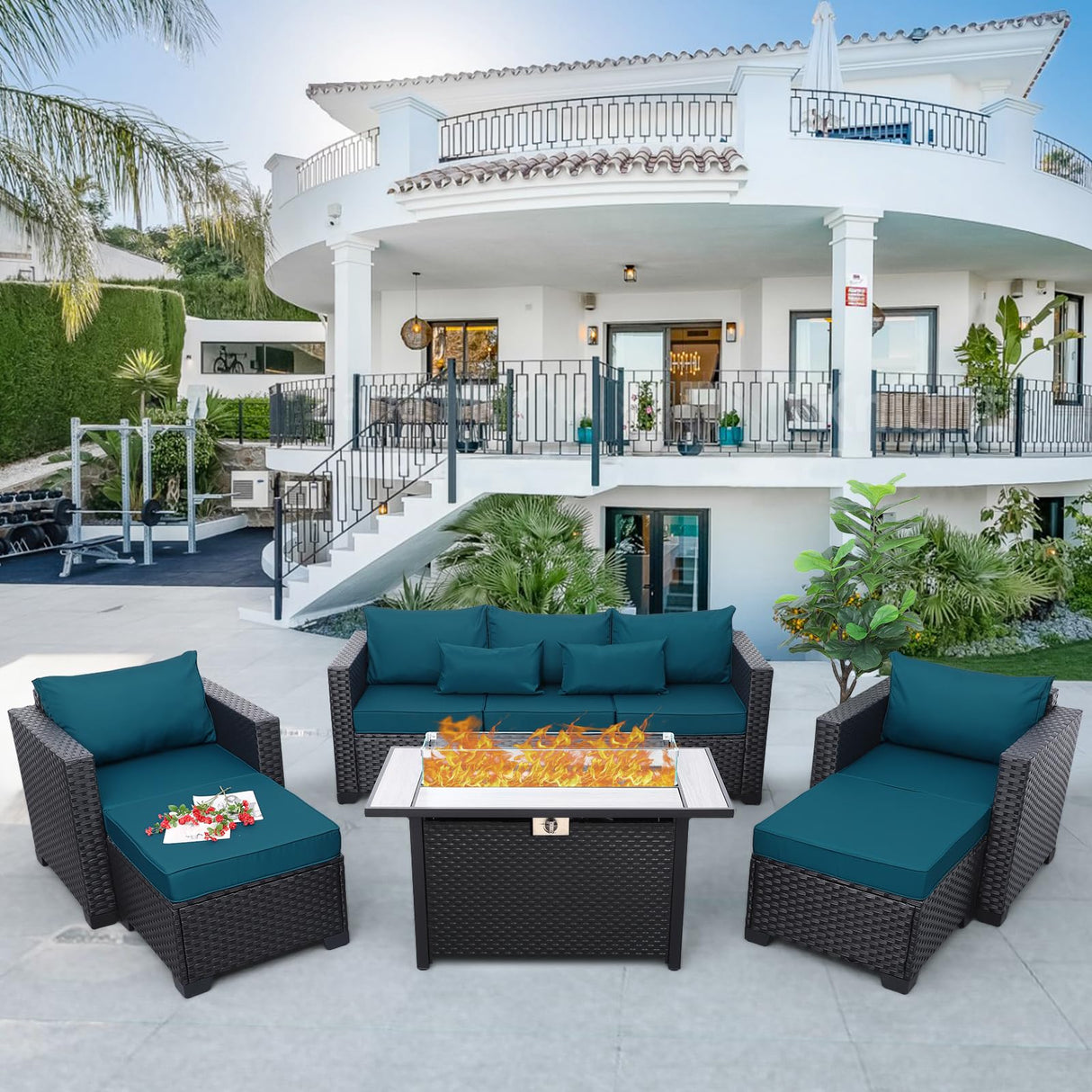 Outdoor Patio Furniture 60000 BTU Outdoor Propane Fire Pit Table Patio Furniture Set 45 In Outdoor Fire Pits 6 Pieces Patio Sofa Outdoor Chairs Anti-slip Cushions Waterproof Covers, Peacock Blue Rattaner
