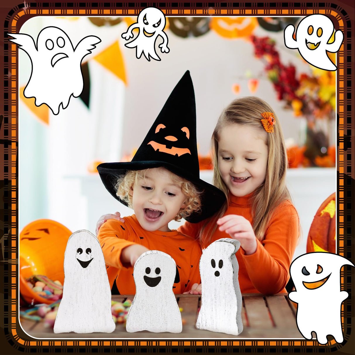 Suzile 3 Pcs Halloween Decor Wooden Ghost Sign Ghost Theme Table Centerpieces Cute Ghost Tiered Tray Decorations Rustic Farmhouse Ghost Sign for Halloween Fall Party Home Shelf Photo Prop Display Suzile