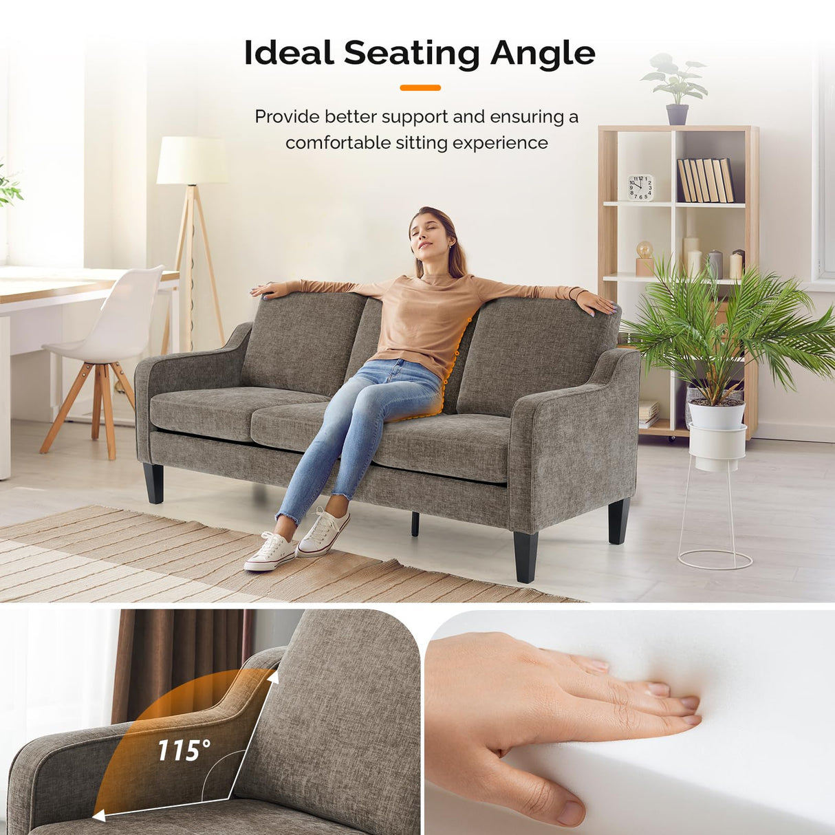 VINGLI Couches for Living Room, Brown 71" Small Sofa Mid Century Modern Couches 3 Seater Comfy Couch Upholstered Soft Chenille Floor Couch for Bedroom, Apartment, Office VINGLI