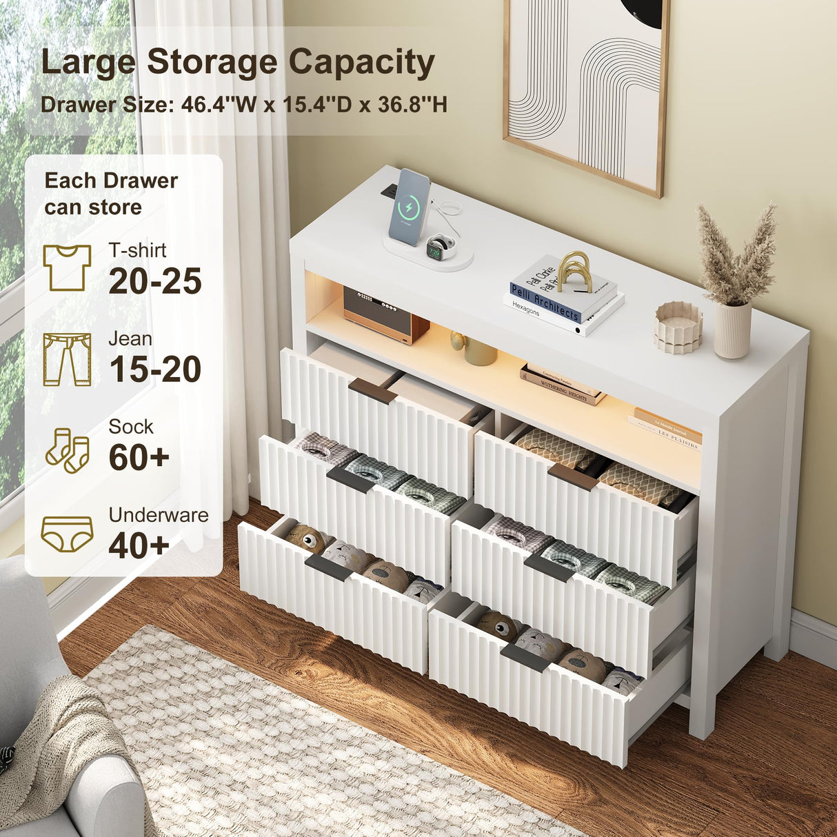 Fluted 6 Drawer Dresser with Power Outlet and LED Lights,Modern Chest of Drawers with Charging Station,Large Dresser TV Stand,Double Wooden Drawer Organizer for Bedroom,Living Room, Hallway(White) Jocoevol
