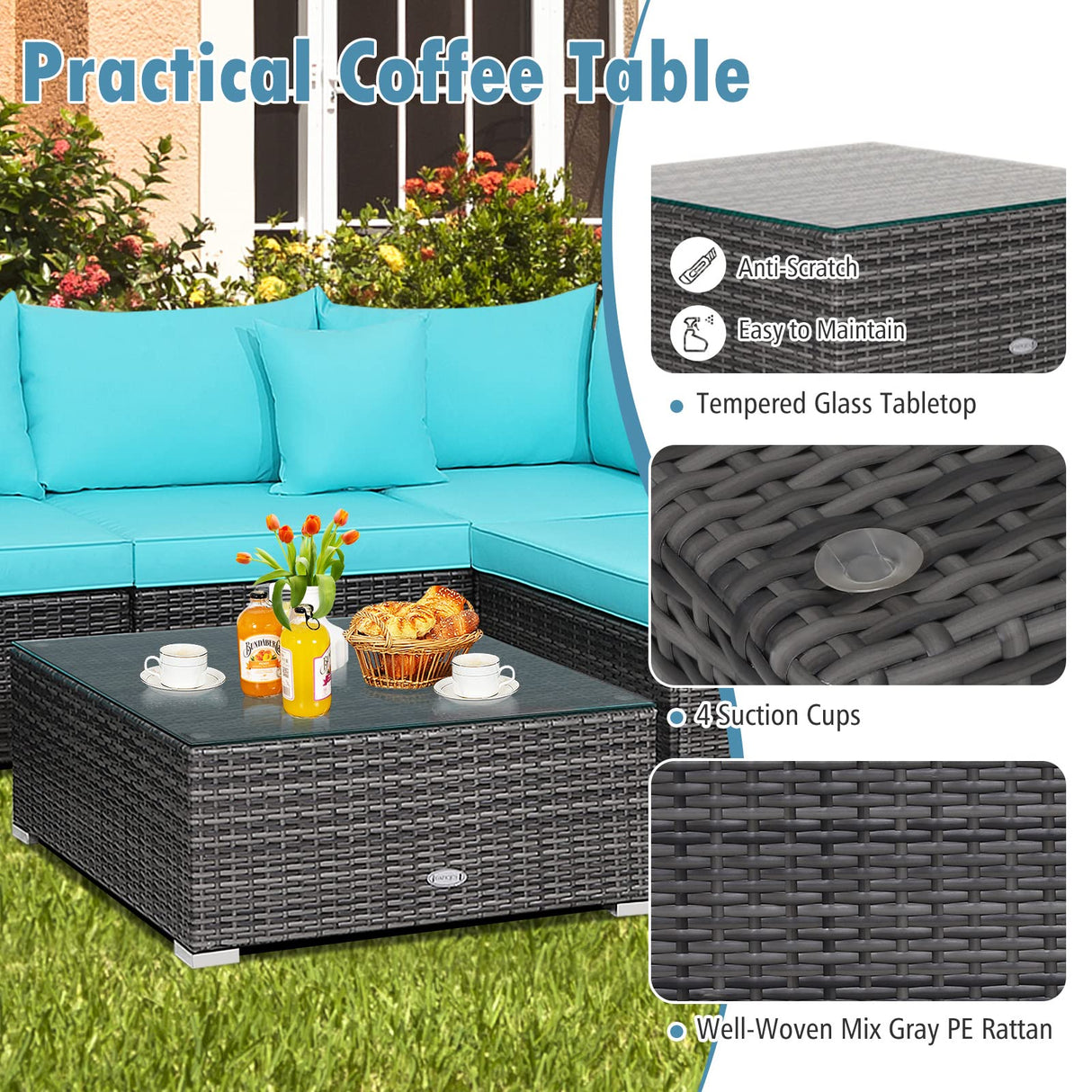 Tangkula 7 Pieces Patio Furniture Set, Patiojoy All-Weather Outdoor Rattan Sectional Sofa Set with Cushions and Tempered Glass Coffee Table, for Garden, Lawn, Backyard (Turquoise) Tangkula