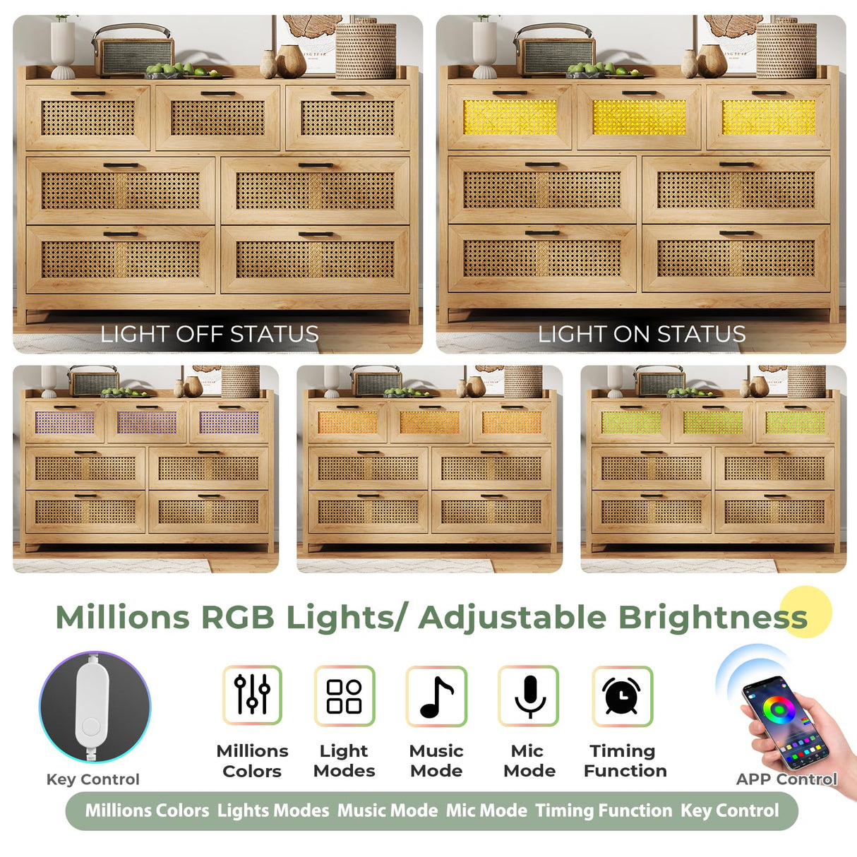 OTMCOOUCH Rattan Dresser for Bedroom with 7 Drawers, Natural Rattan Modern Wooden Wide Led Bedroom Dresser with Led Lights, Chest of Drawers for Bedroom, Living Room (7 Drawers) OTMCOOUCH