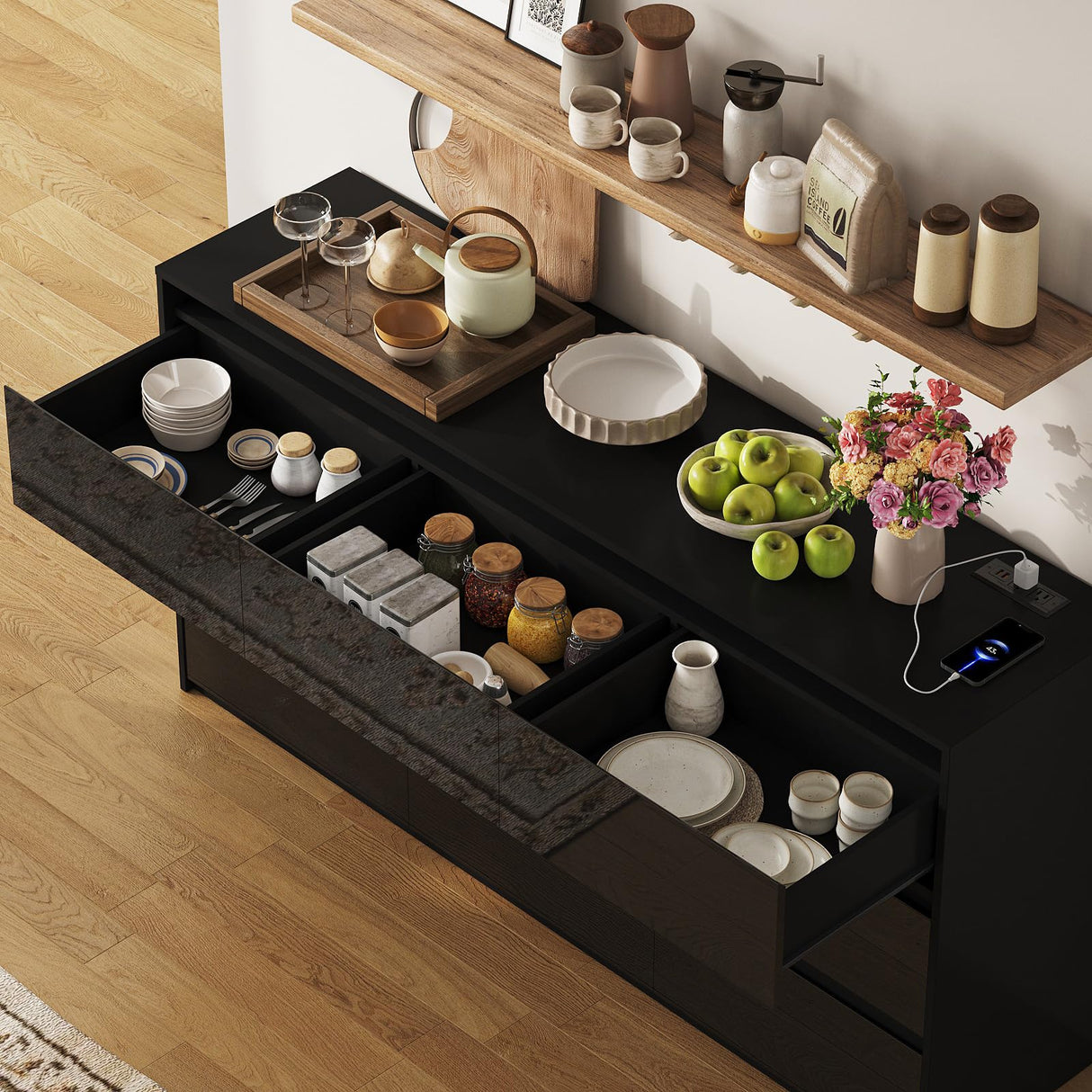 Halitaa Black TV Stand, Storage Cabinet with 9 Drawers for Bedroom Modern Large High Gloss Cabinet for Living Room Office(63" W) Halitaa