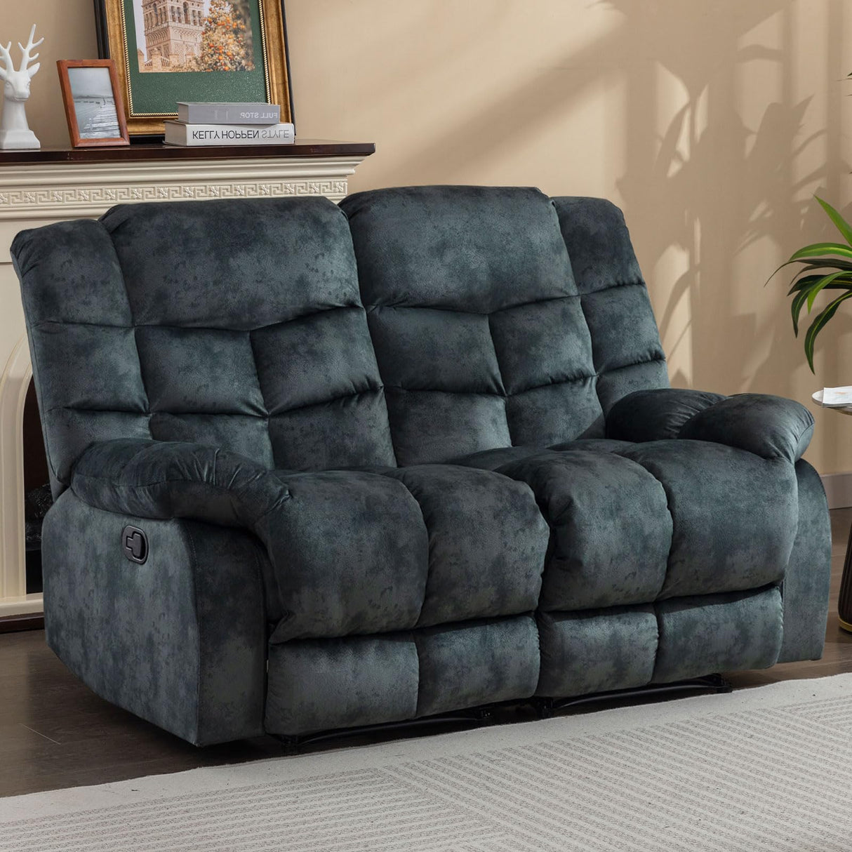 EBELLO Loveseat Recliner Sofa for Living Room, Extra Wide Modern Overstuffed 2 Seat Reclining Manual Sofa Chair, Breathable Fabric and Padded Cushion, Green Grey EBELLO