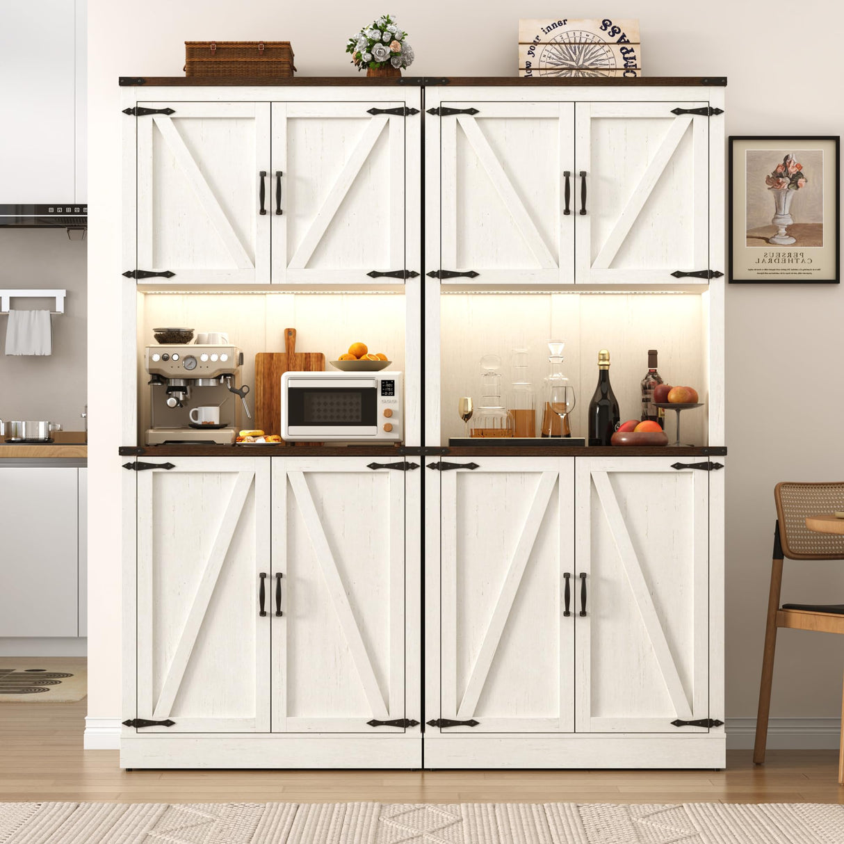 72" Tall Farmhouse Kitchen Pantry Cabinet with LED Light and Power Outlet,Modern Farmhouse Kitchen Storage Cabinet w Load-Bearing Steel Pipe,Barn Doors, Organizer,Food Pantry Cabinets(White) chartustriable