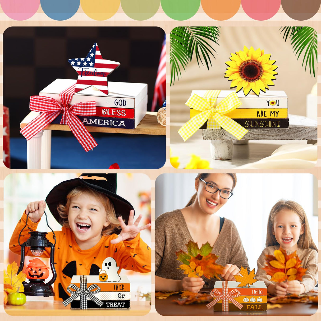 Fall Wooden Decor Table Centerpiece Maple Leaf Seasonal Highland Cow Autumn Decoration Tiered Tray Decor Gift for Table Mantel Shelves Office(Book Block) Menkxi