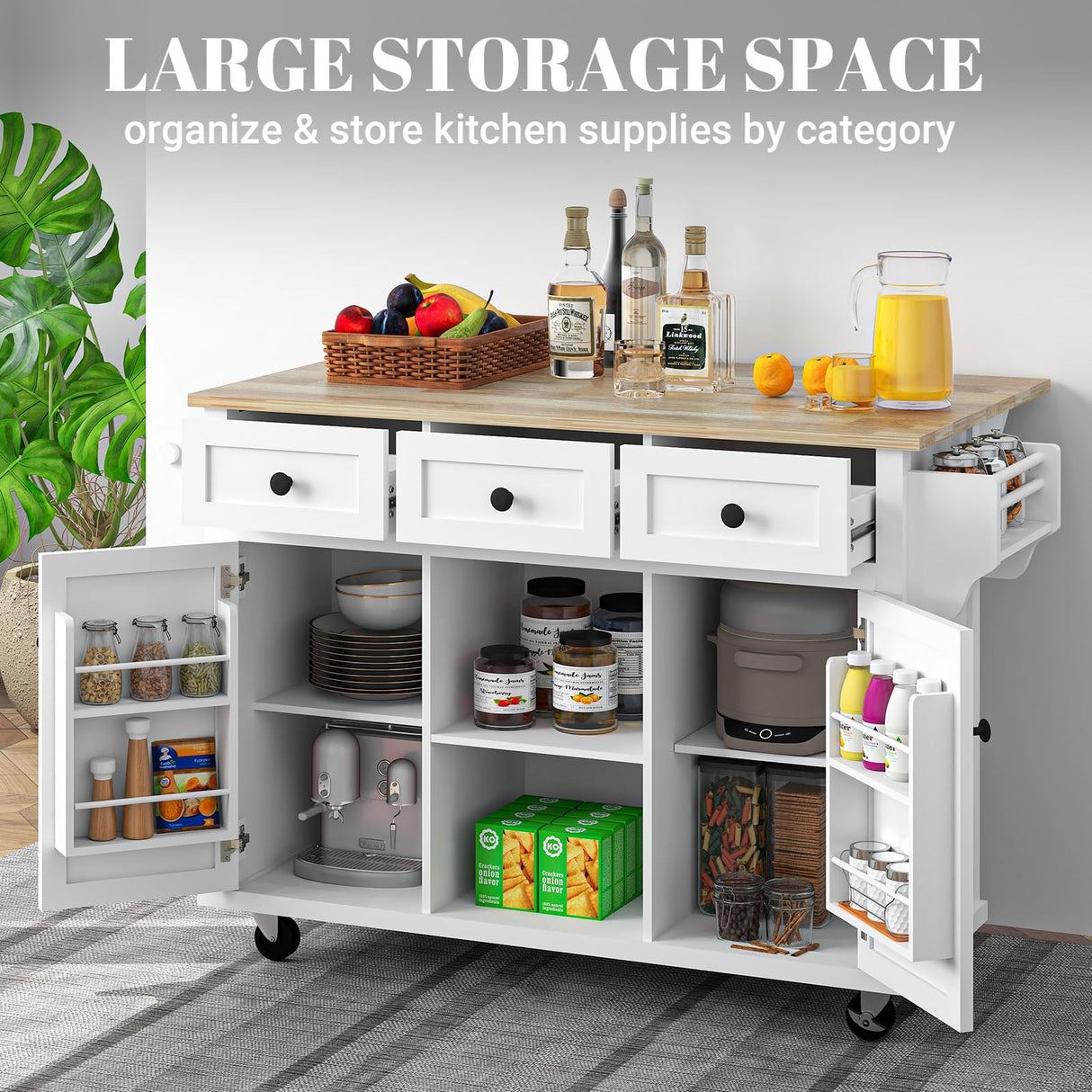 Rovibek Kitchen Island with Drawers 53 in Rolling Island Cart Mobile Solid Wood Portable Islands on Wheels with Storage Cabinet & Drawers, White Rovibek