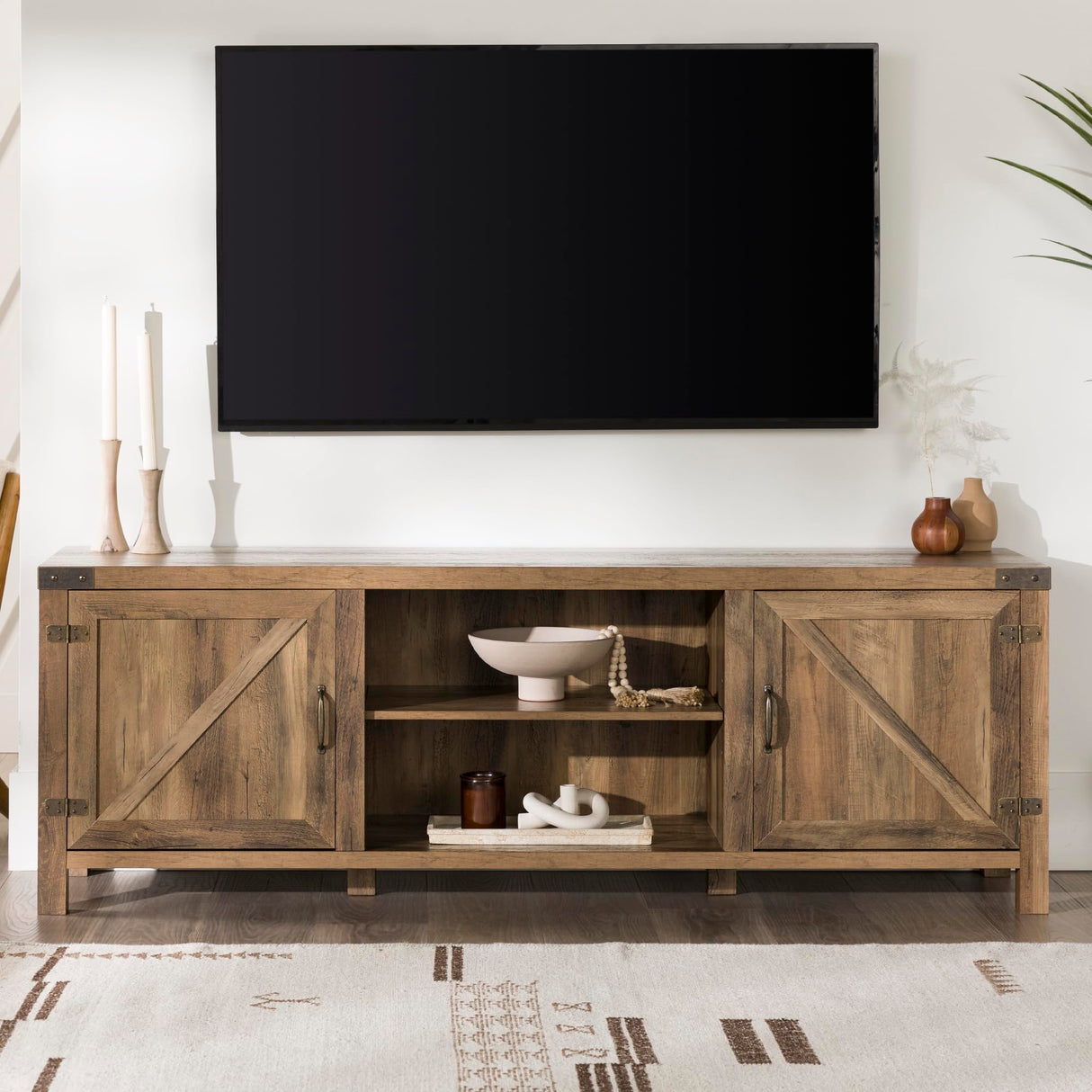 Walker Edison Georgetown Modern Farmhouse Double Barn Door TV Stand for TVs up to 80 Inches, 70 Inch, Rustic Oak, Without Fireplace, 15.75 x 70 x 24 inches Walker Edison