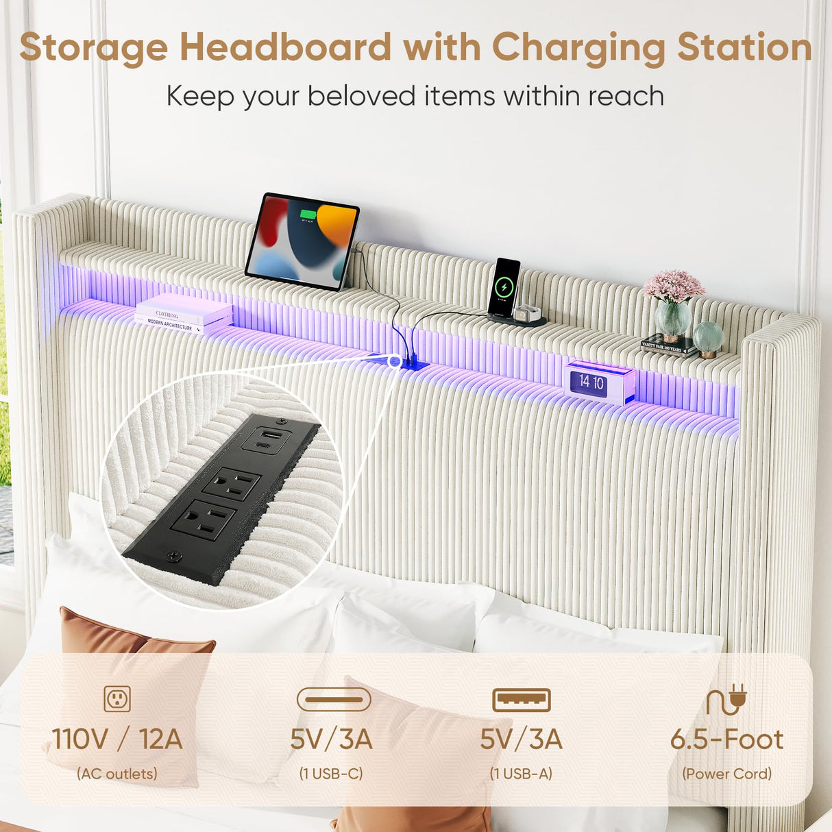 Queen Bed Frame with Tall Headboard, 55.3" Upholstered Platform Queen Size Bed Frame, Elegant Corduroy Wingback Bed with LED Lights & Charging Station, No Box Spring Needed, Solid Wood Slats, Cream Welzona