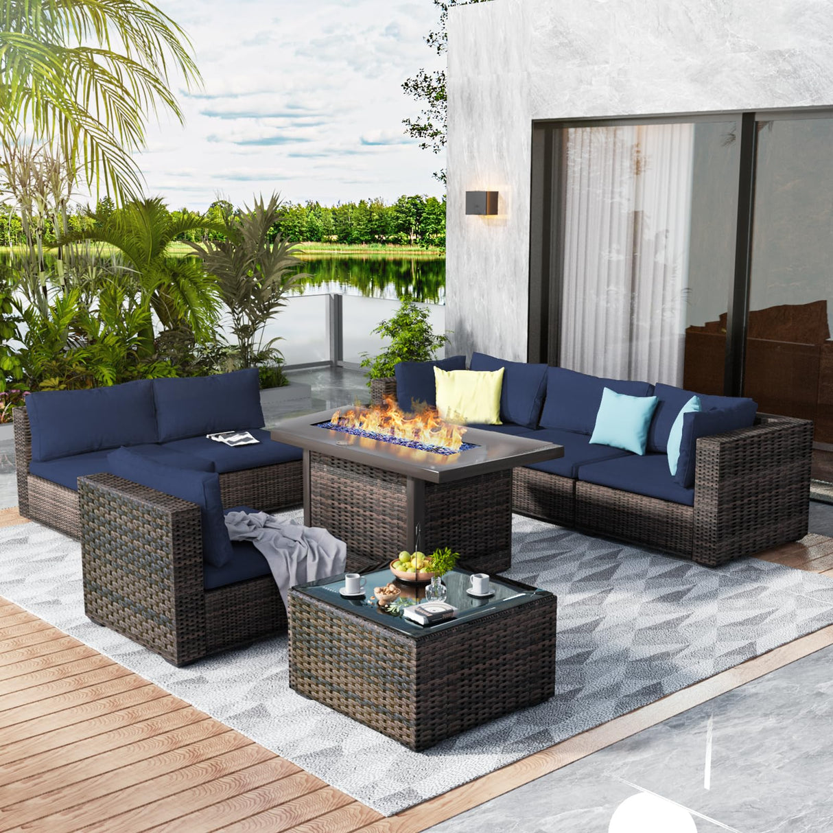 GREZJXC 8 Pieces Outdoor Sectional Patio Furniture Set with Fire Pit Table,PE Rattan Wicker Patio Sectional Conversation Set with Cushions and Glass Coffee Table Blue GREZJXC