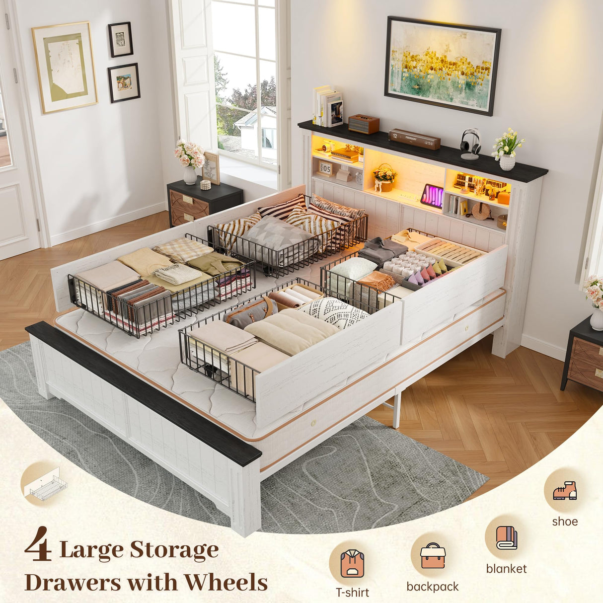 EnHomee Full Size Bed Frame with Headboard, Full Bed Frame with 4 Drawers Charging Port & LED, Farmhouse Bed Full Built in Charging Station,No Box Spring Needed,NO Noise,White with Grain Marks EnHomee