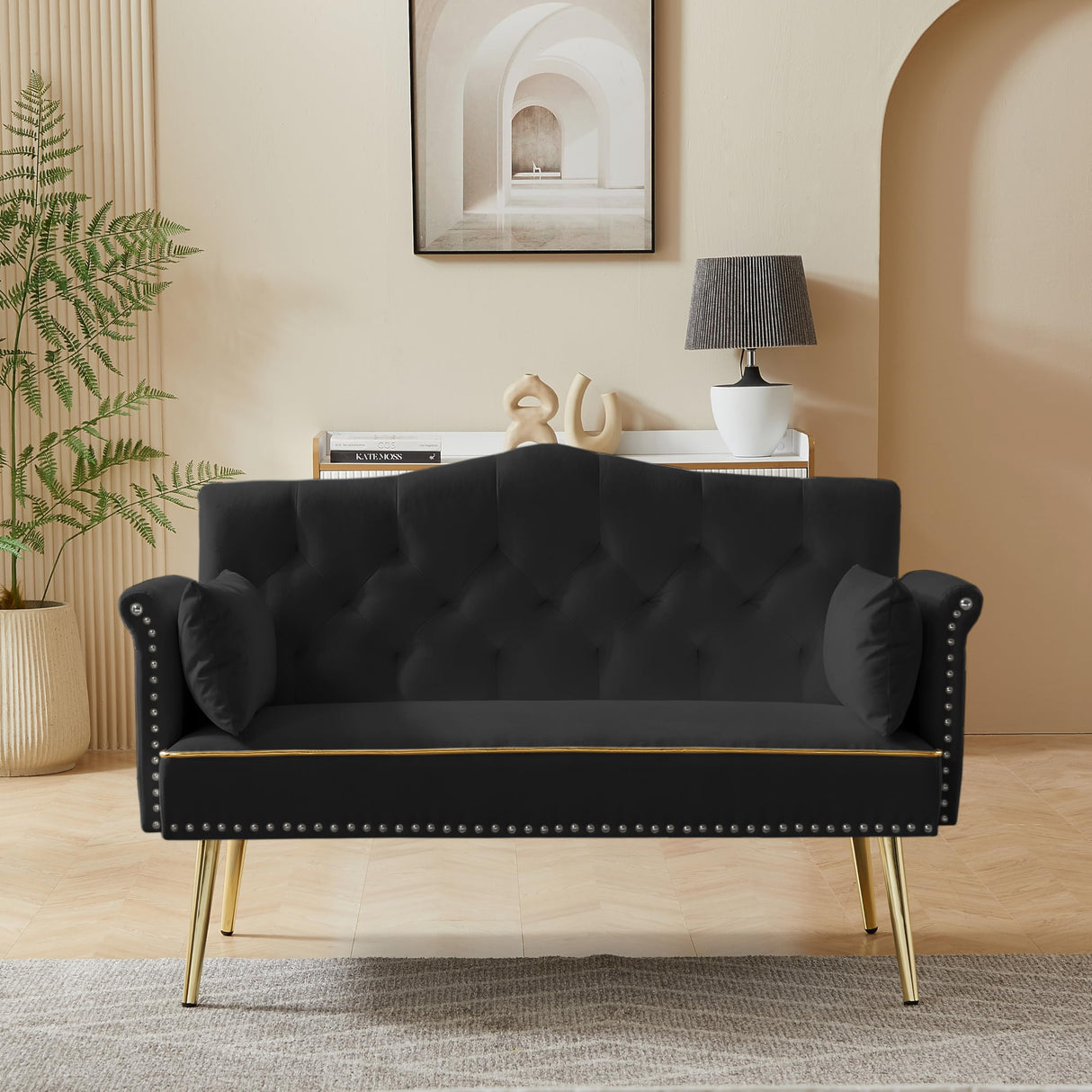 hansones 55-Inch Modern Velvet Loveseat Sofa with Gold Metal Legs & Side Pockets, Tufted Backrest, Perfect for Living Room, Bedroom, or Office (Black) hansones