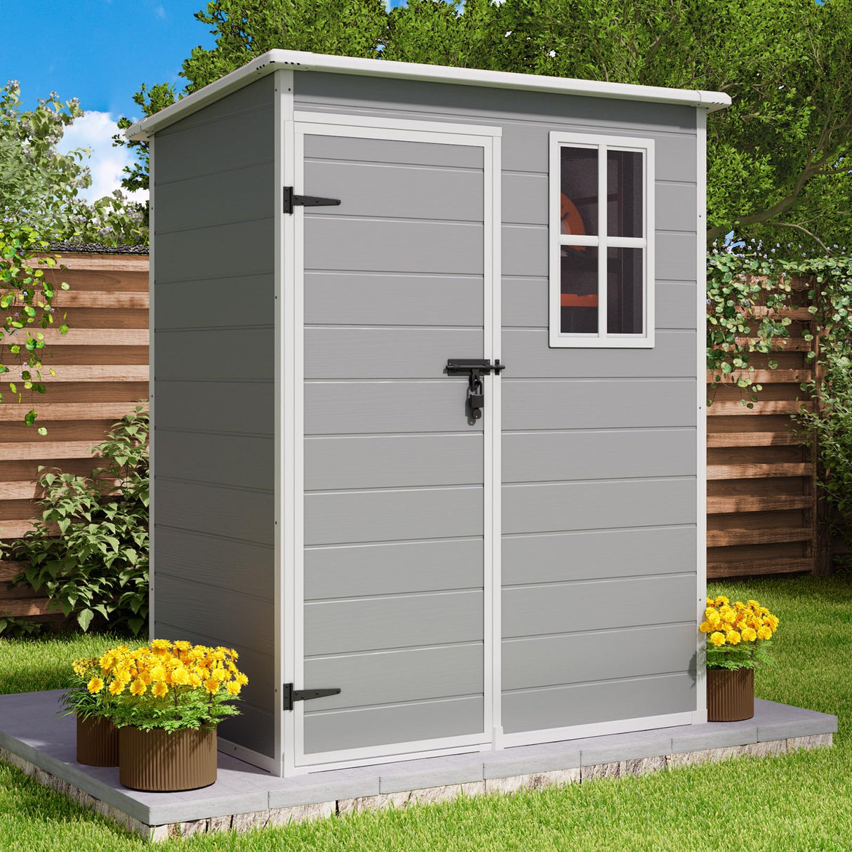 Gizoon Outdoor Resin Storage Shed 5X3 FT, Plastic Garden Shed for Bike, Garbage Can, Tool, Outside Sheds with Lockable Door for Backyard Patio Lawn, Grey & White Gizoon