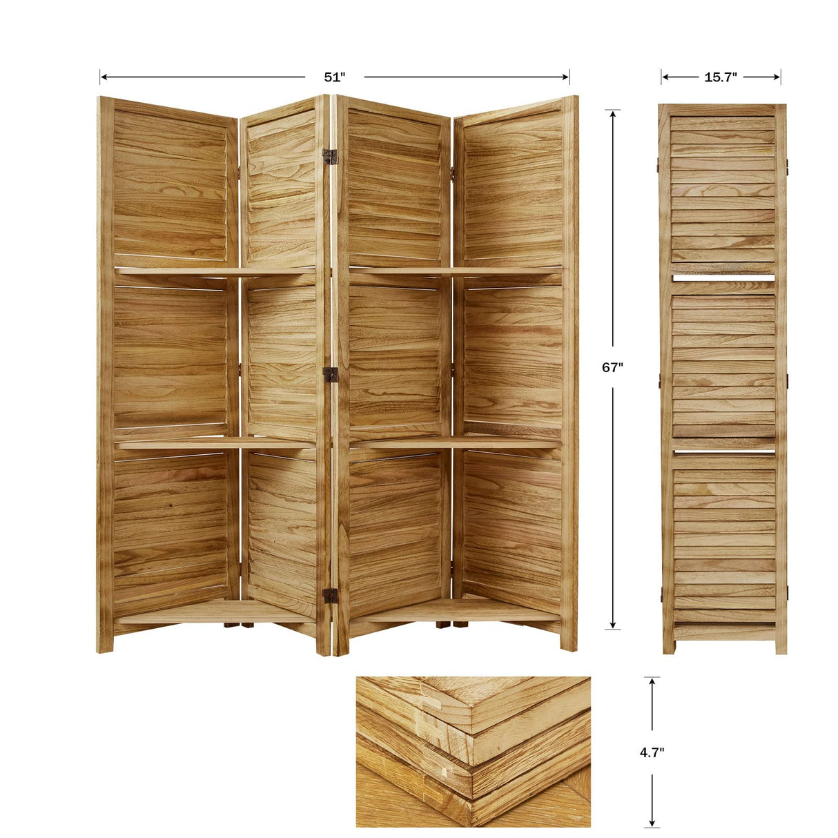 Partition Room Dividers, 67 * 51inch Folding Wood Privacy Screen with Three Display Shelves Suitable for Home Office, Study, Art Display - 4 Panel(Natural) Svimi