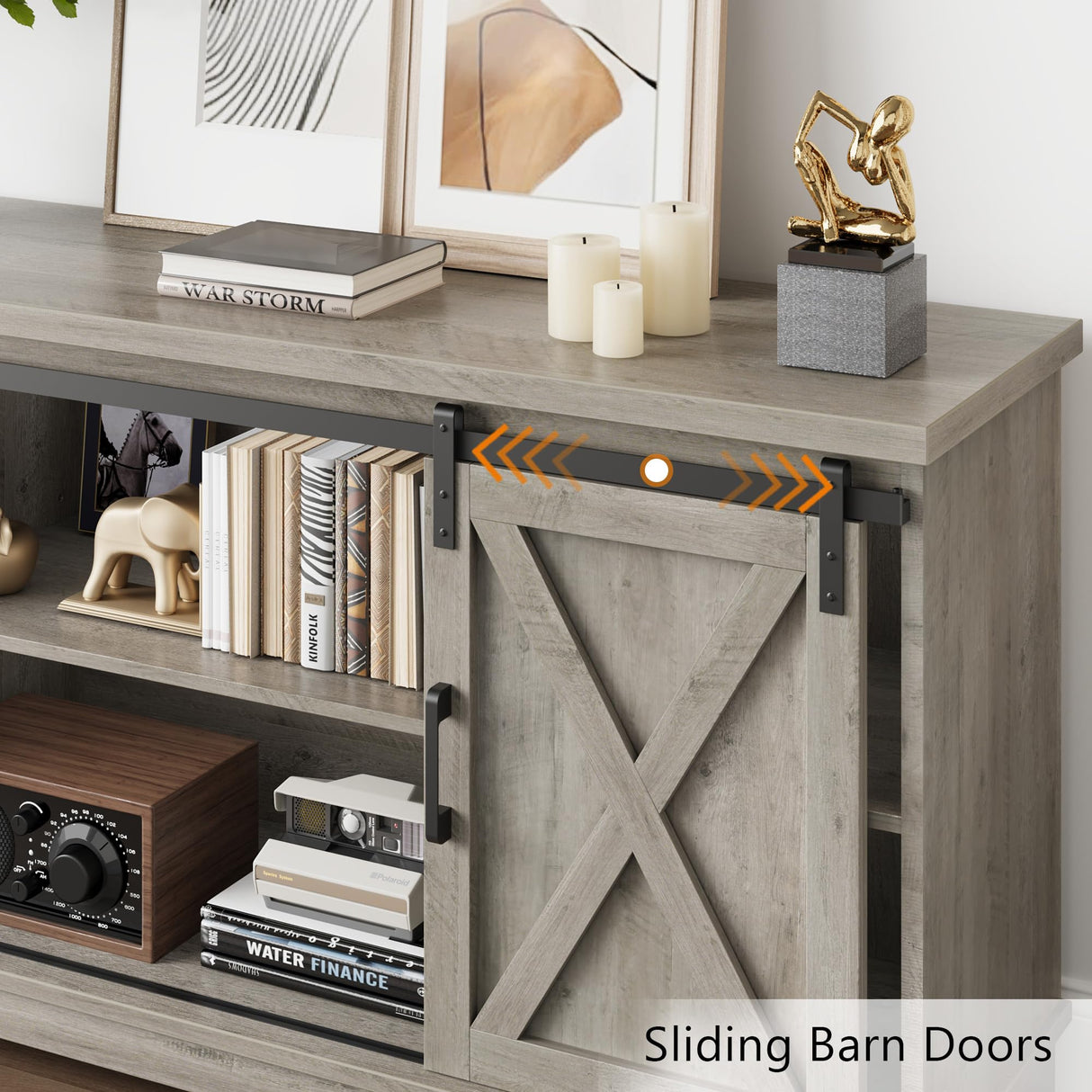 CABIHOME Farmhouse Tv Stand for 65 Inches TVs, Entertainment Center with Storage and Sliding Barn Doors, Adjustable Shelf Modern Media TV Console TV Stand Table for Living Room, Bedroom, Grey CABIHOME