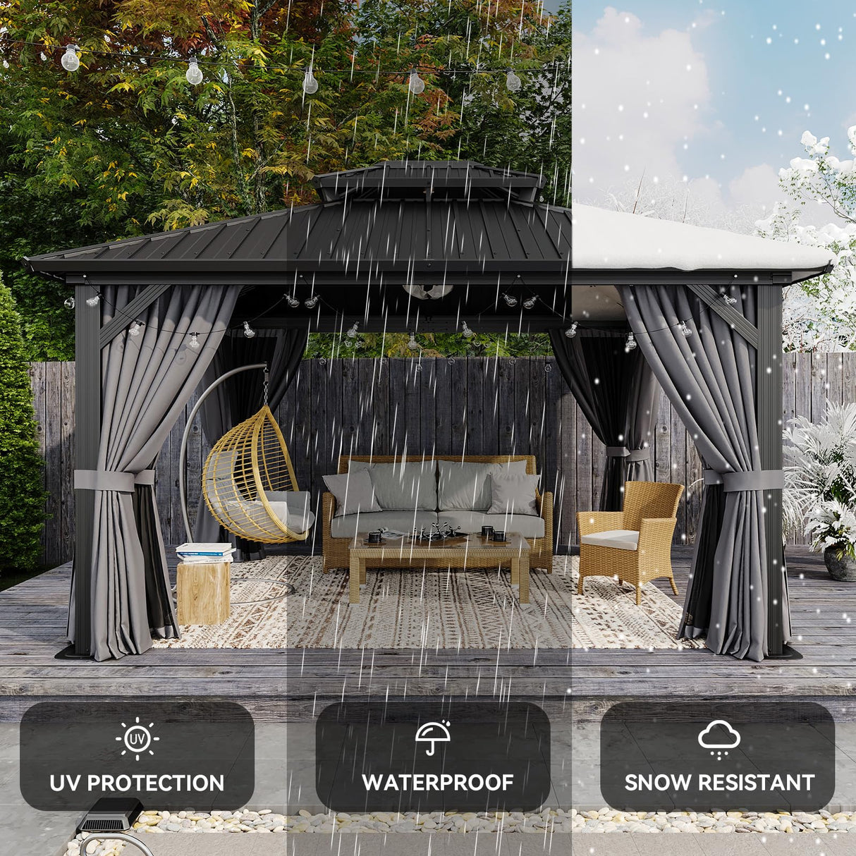 Aoxun 12'x14' Hardtop Gazebo, Aluminum Frame Canopy with Double Galvanized Steel Roof, Outdoor Metal Pavilion with Netting, Curtains for Backyard, Patio and Deck Aoxun