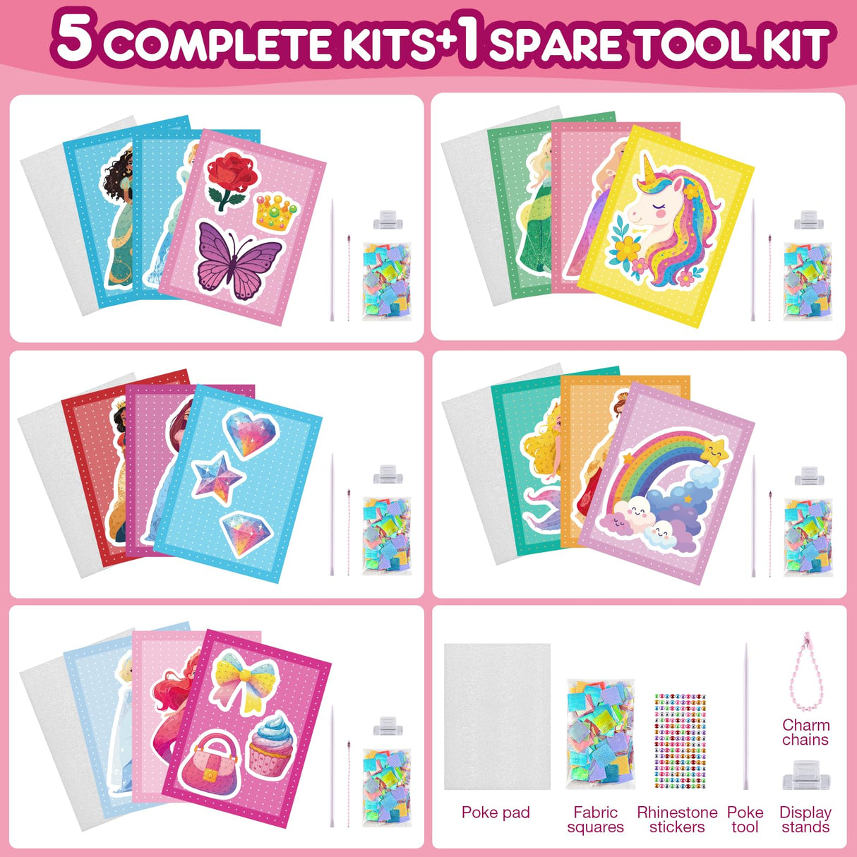 JMMICO Poke in Pro Art Kits for Girls, Poke Art for Kids Ages 4-8, 10 PCS Princesses & 5 PCS Decors, No Mess DIY Princesses Craft, Gifts for 4 5 6 7 8 9 10 Year Old Girls & Boys JMMICO
