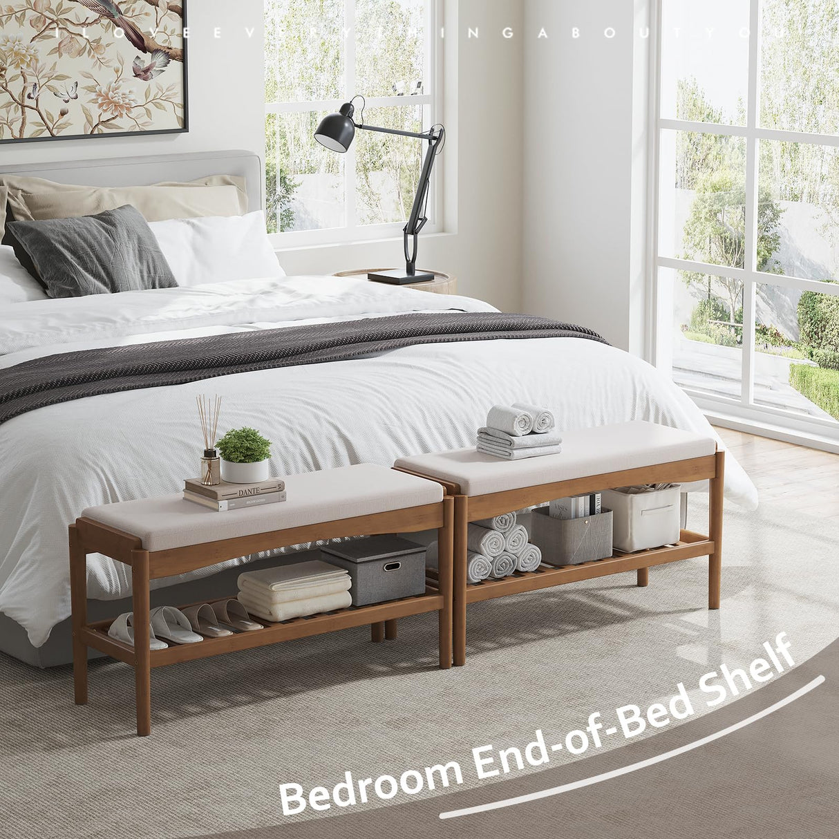 STDDRE Shoe Bench Entryway Bamboo 2-Tier Shoe Rack with Cushion Padded Seat Shoe Bench Organizer Stable for Entry, Hallway, Living Room, Bedroom, Closet (31.5 * 11.4 * 16.5IN, Brown-Beige) STDDRE