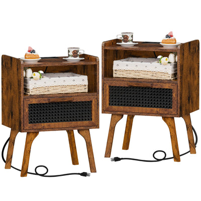 Lerliuo Rattan Nightstands Set of 2 with Charging Station, Boho Side Table with Drawer Open Shelf, Cane Accent Bedside End Table with Solid Wood Legs for Bedroom, Dorm and Small Spaces (Brown)