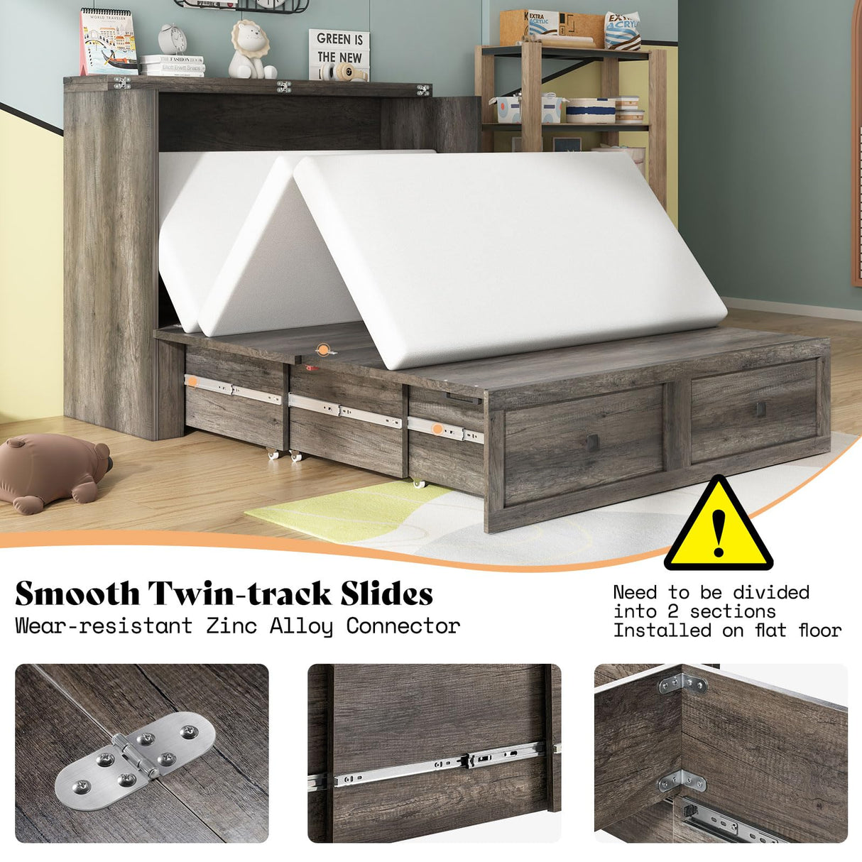 AMERLIFE Full Murphy Bed with Storage & Charging Station, Farmhouse Murphy Cabinet with Foldable Panel, Noisy Free, for Guest Bedroom, Living Room, Office, Rustic Gray AMERLIFE