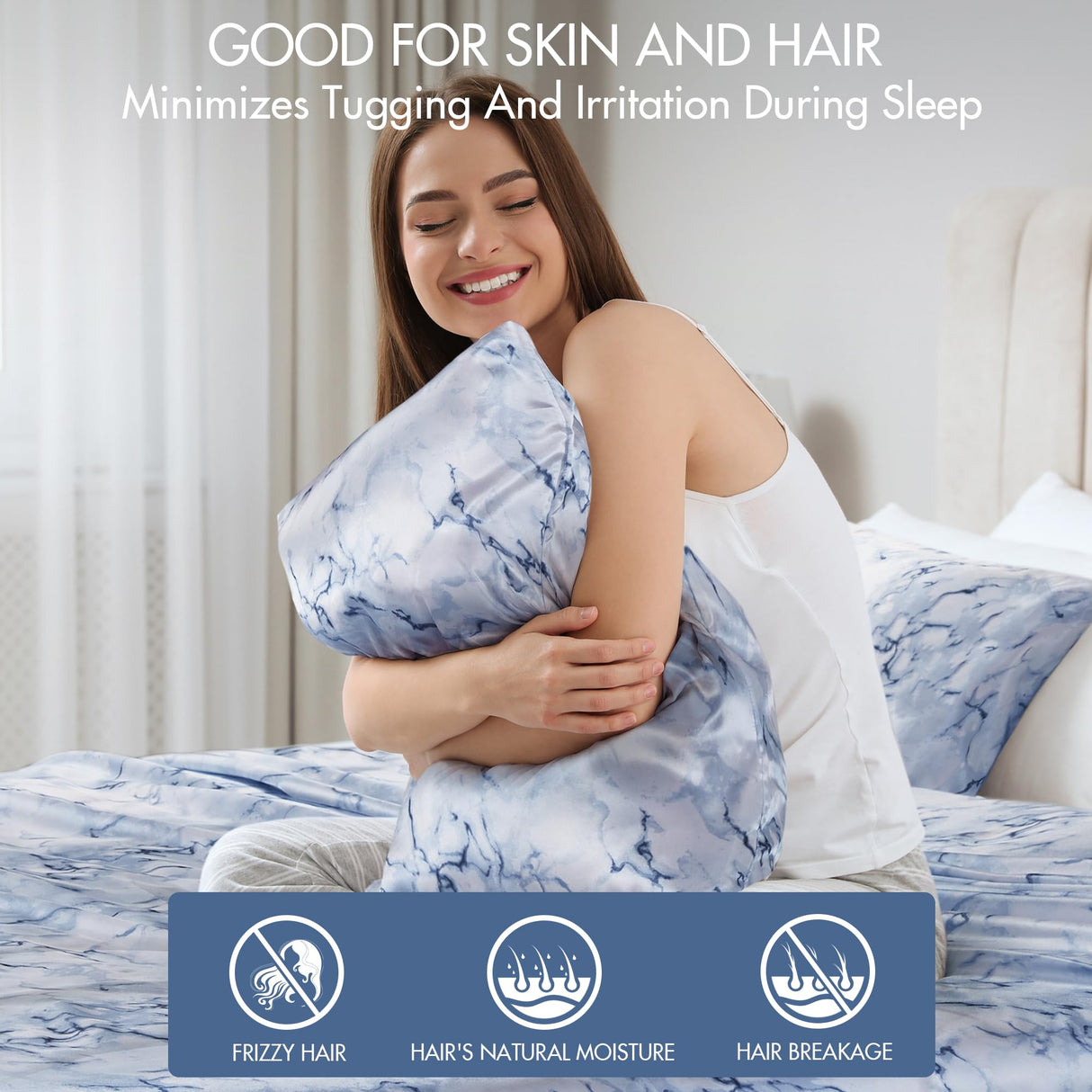 Madison Park Essentials Satin Sheet Set Luxuriously Smooth on Hair & Skin, Lustrous, Silky Bedding, All Seasons Sheets, Elastic Deep Pocket Sheet Fits Up to 16" Mattress, Queen Blue Marble 4 Piece Madison Park