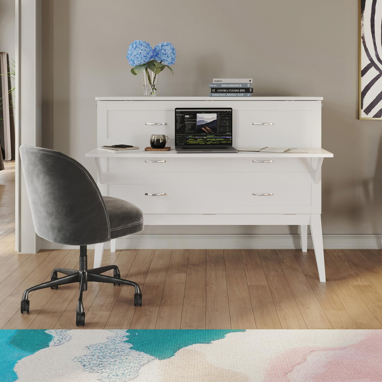 AFI, Northampton Full Size Murphy Bed Desk with Memory Foam 6" Mattress and Built-in USB Charger, White AFI
