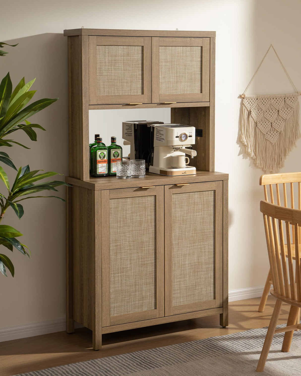 SICOTAS Rattan Pantry Kitchen Storage Cabinet: Tall Pantry Cabinet with Rattan Door, Steel Mirror, Power Outlet, Boho Large Freestanding Cupboard Wood Cabinet for Kitchen, Dining Room, Natural Oak SICOTAS