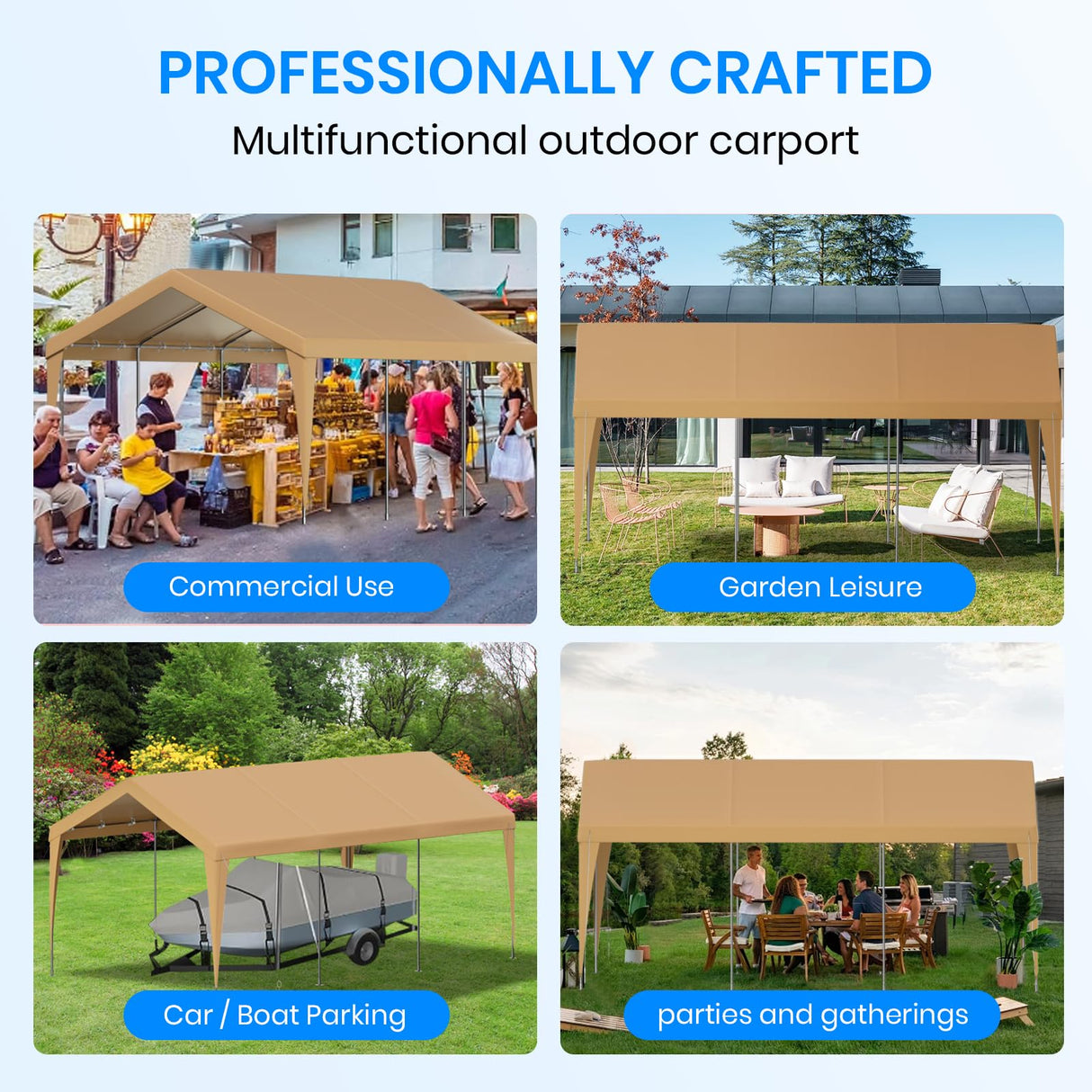 Carport 12x20 Heavy Duty Portable Garage,Galvanized Frame Carport Canopy,Portable Garages and Shelters with 8 Leg&4 Wind Rope,Car Tent Garage with All-Season Tarp for Truck Boat,Without Sidewall BUPPLEE